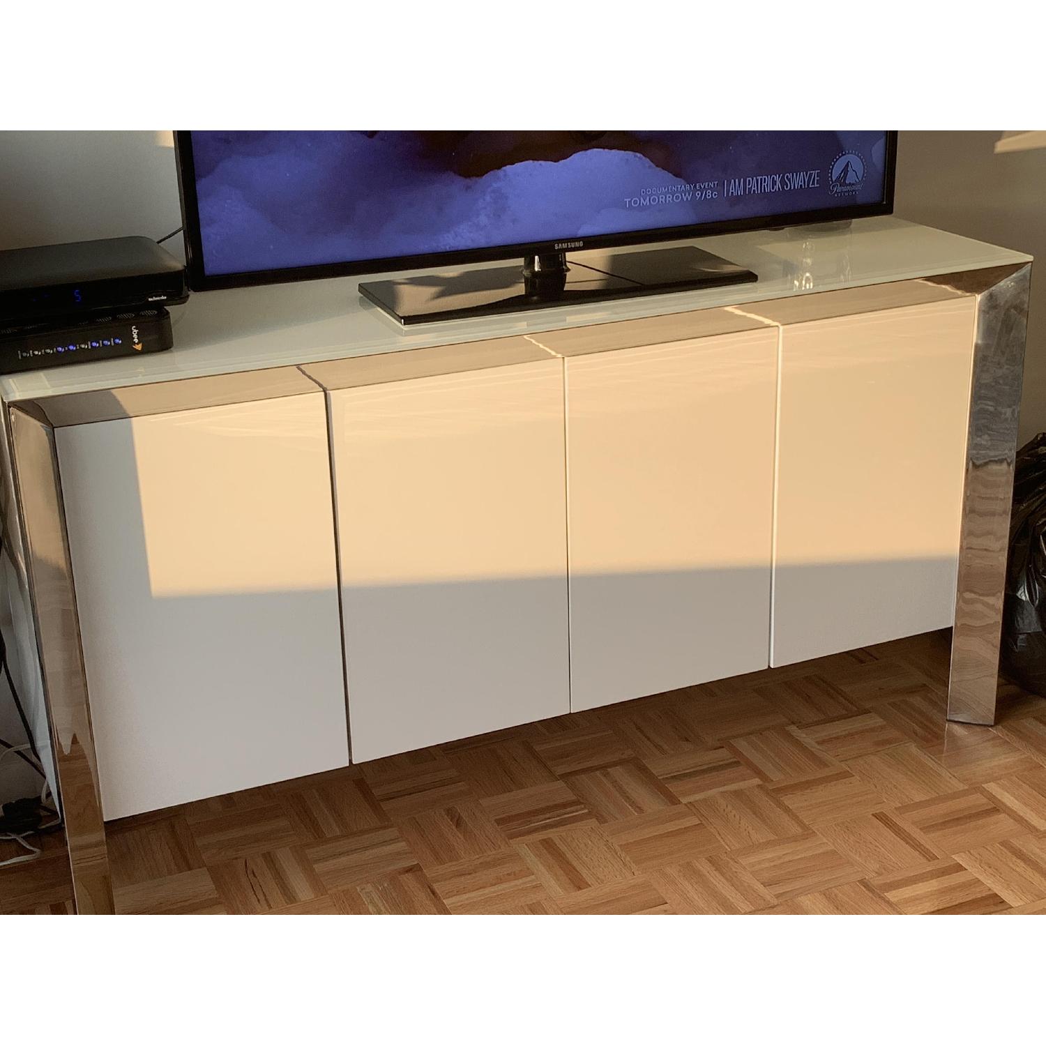 White Lacquer & Chrome Buffet w/ Glass Top - image-2