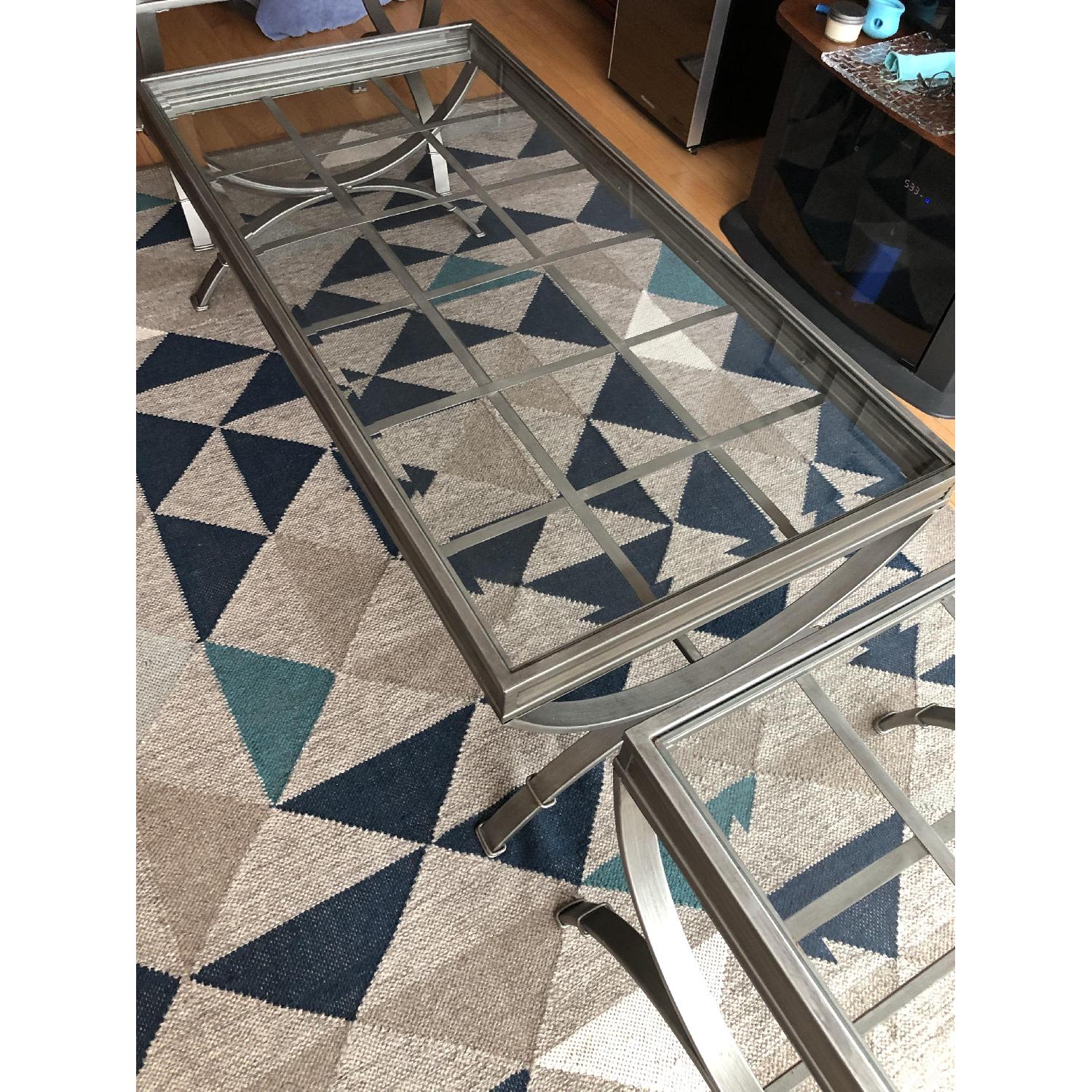 Raymour & Flanigan Glass Coffee Table in Brushed Aluminum AptDeco