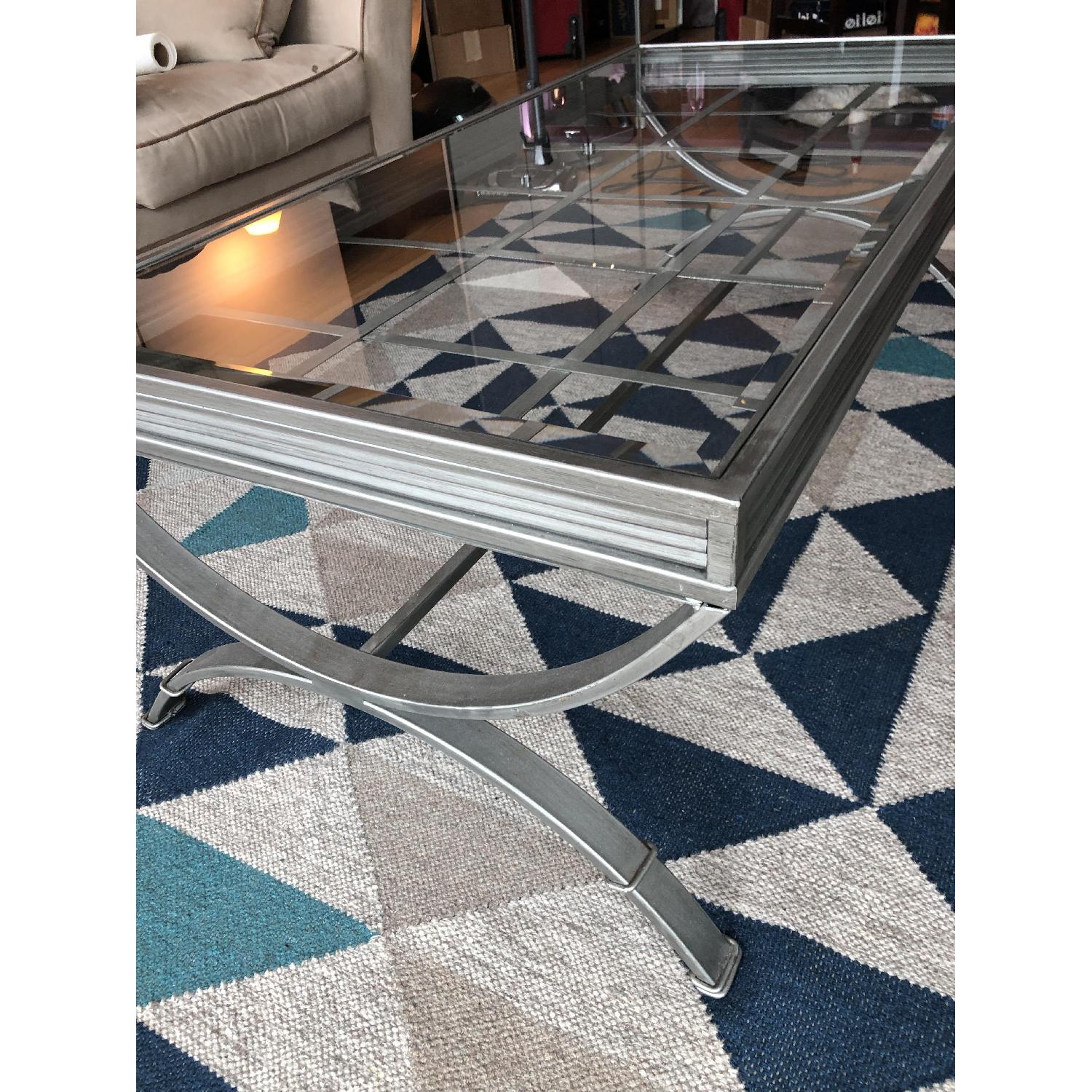 Raymour & Flanigan Glass Coffee Table in Brushed Aluminum AptDeco