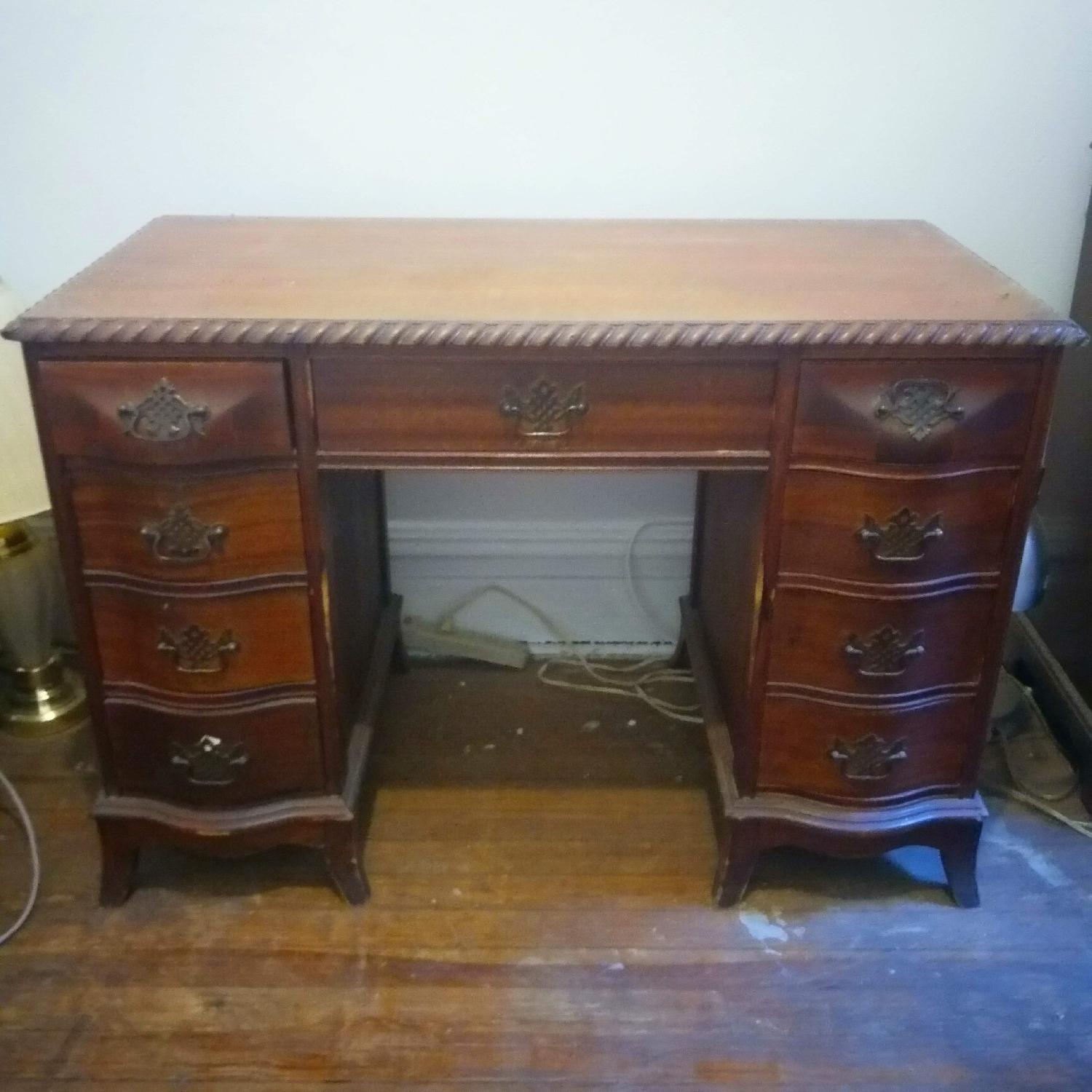 Antique Wooden Desk w/ Brass Handles & 9 Drawers - image-1