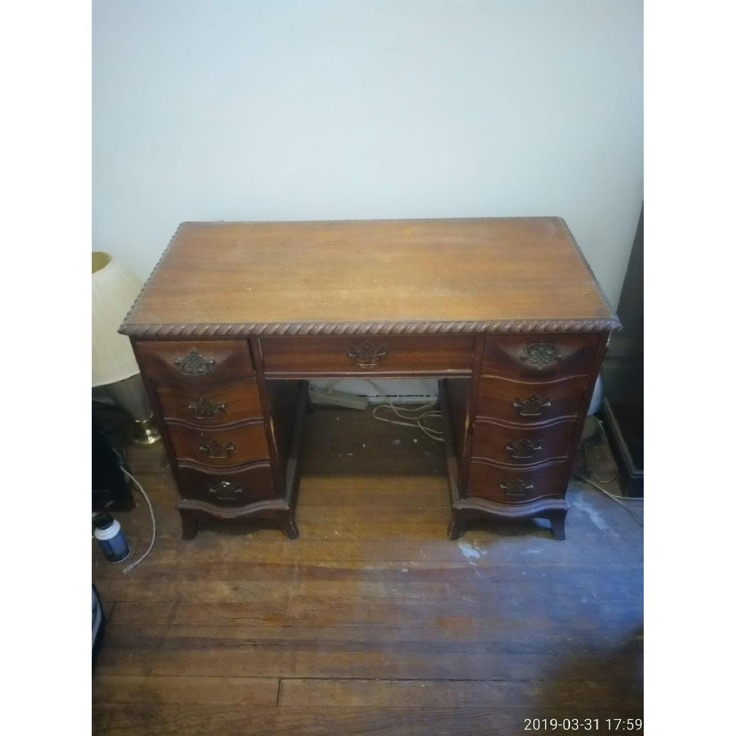 Antique Wooden Desk w/ Brass Handles & 9 Drawers - image-2