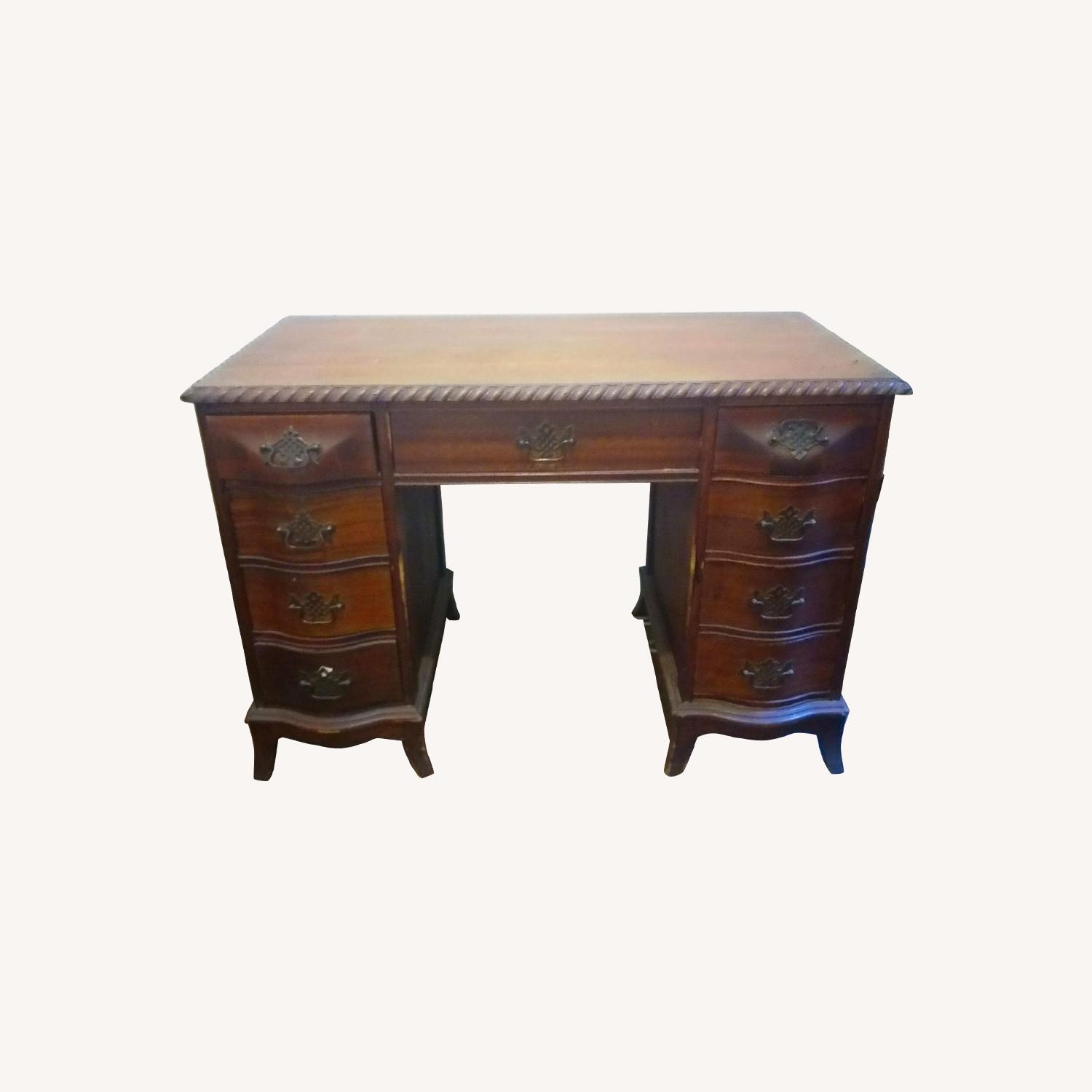 Antique Wooden Desk w/ Brass Handles & 9 Drawers - image-0