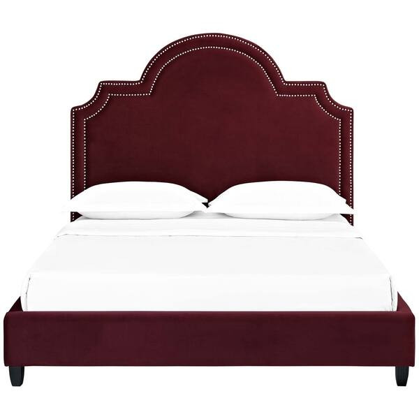 Modway Maroon Velvet Bed Frame w/ Cushioned Headboard