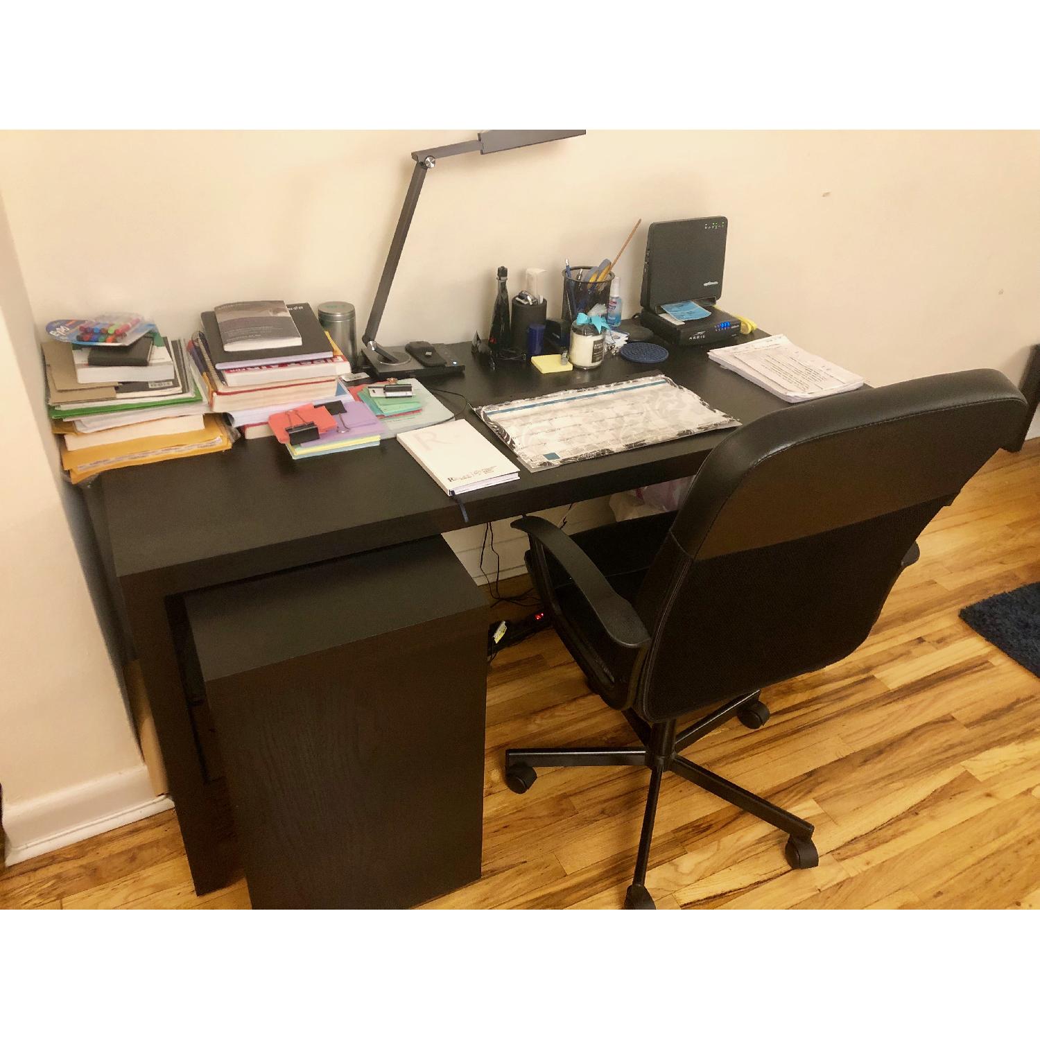 Ikea Black-Brown Work Desk w/ Pull-out Panel + Office Chair - image-3