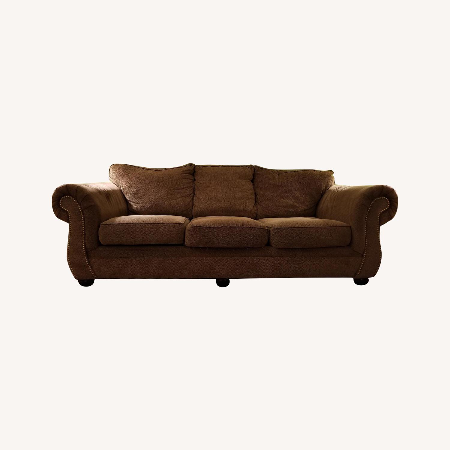 Raymour & Flanigan Dark Brown Herringbone Sofa AptDeco