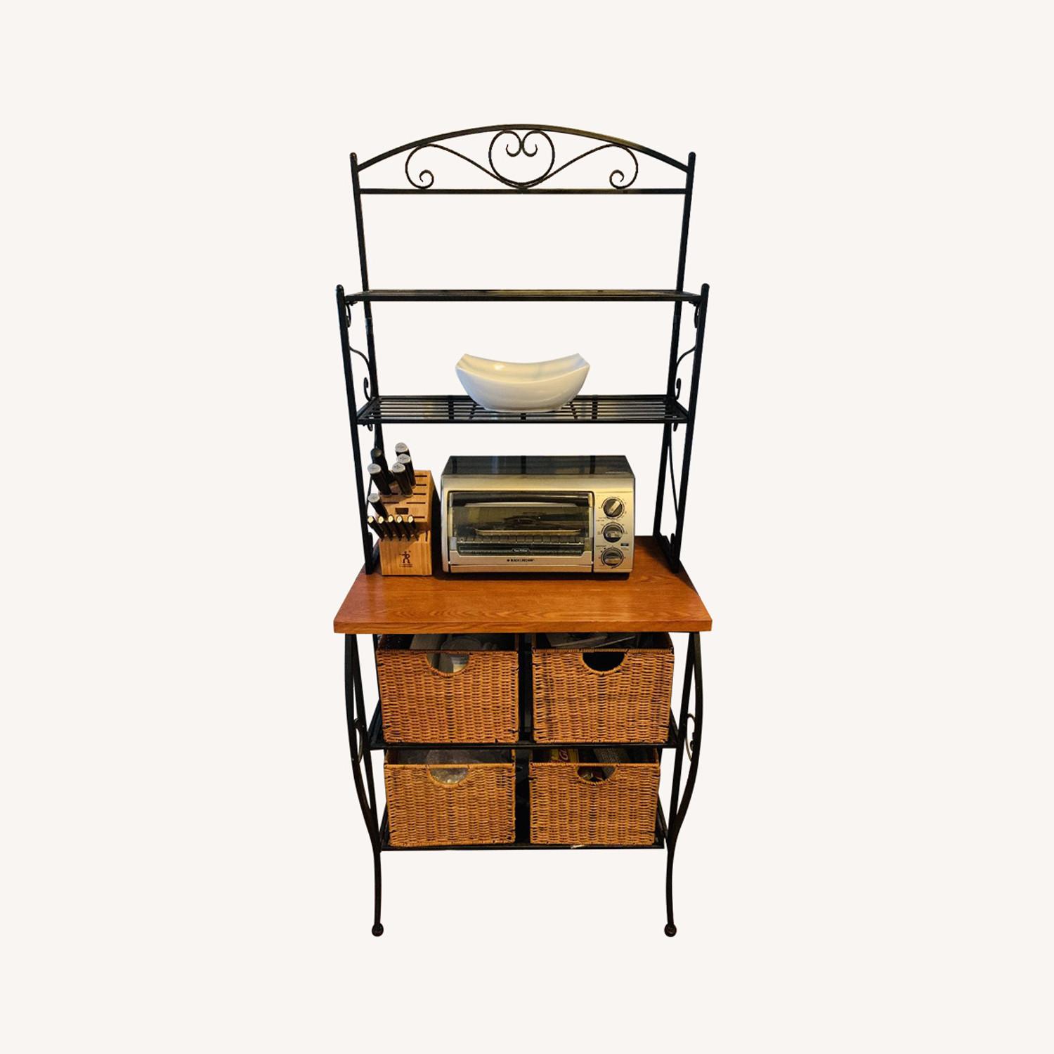 Bakers rack with wicker storage baskets AptDeco