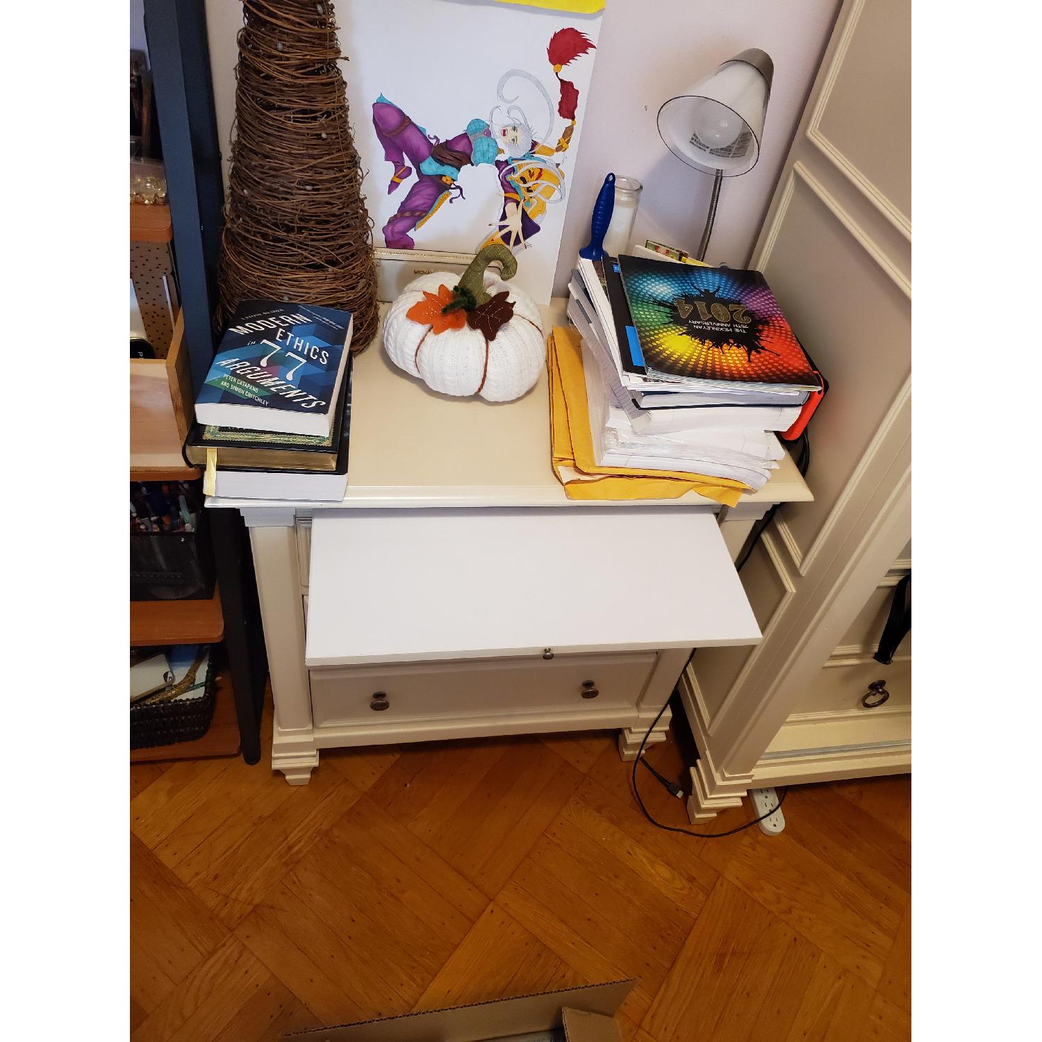 Raymour & Flanigan Cream Colored Nightstand w/ Drink Coaster - image-3