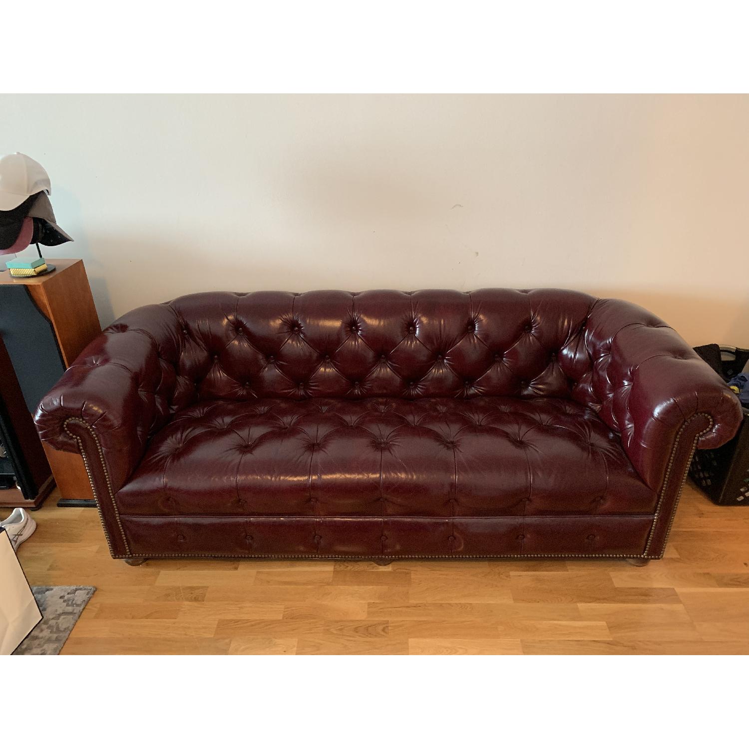 Vintage Tufted Maroon Leather Sofa W Stud Details Aptdeco