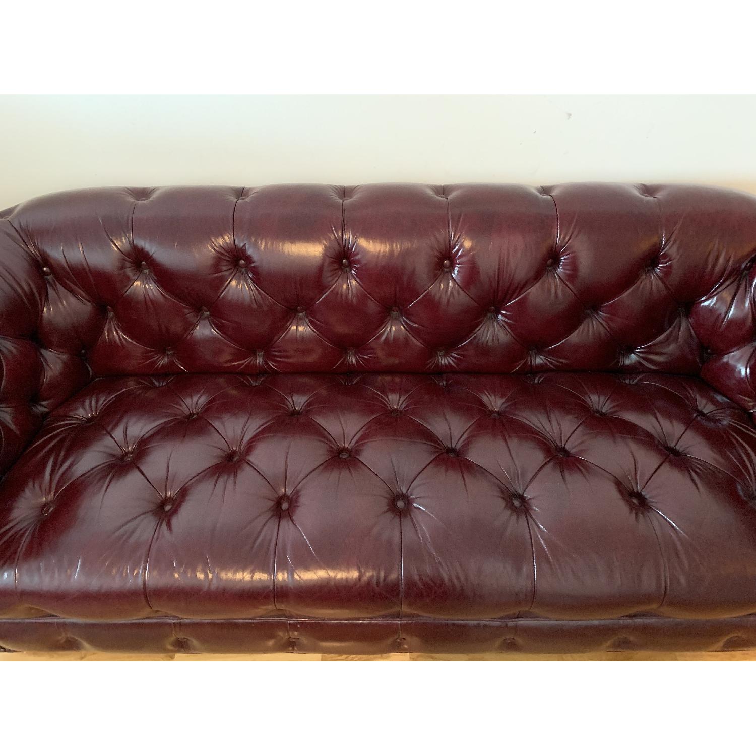 Vintage Tufted Maroon Leather Sofa w/ Stud Details - image-4