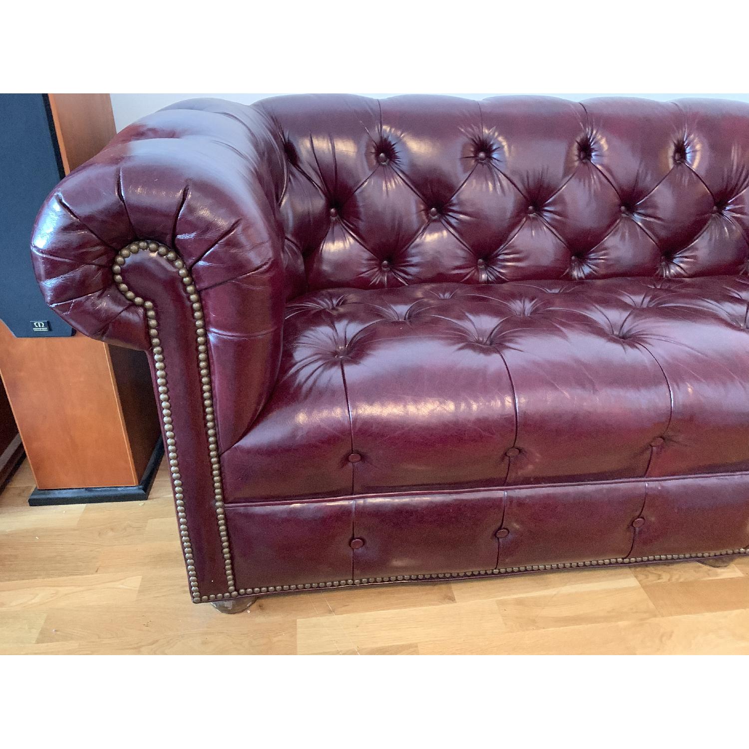Vintage Tufted Maroon Leather Sofa w/ Stud Details - image-3
