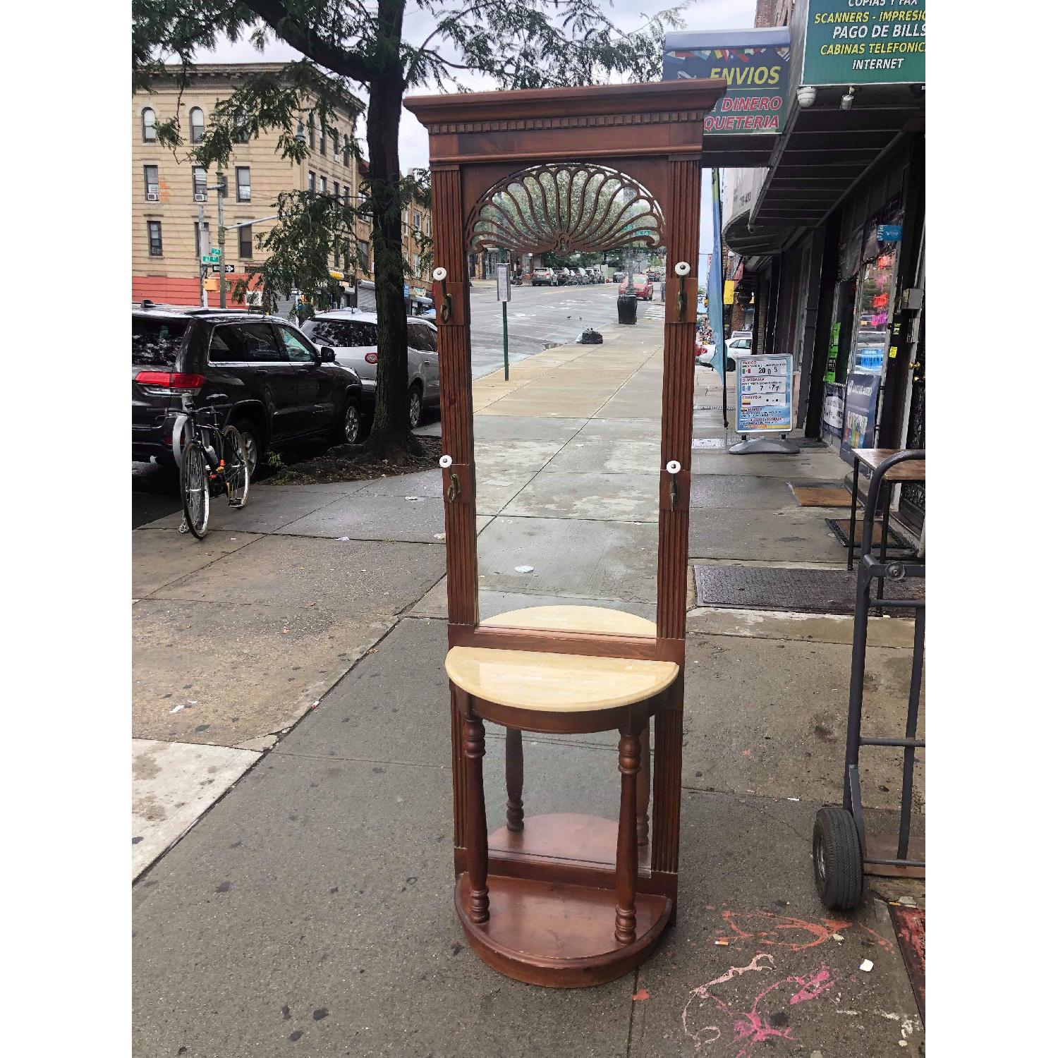 Pulaski Hall Tree w/ Mirror, Marble Table & Brass Hooks AptDeco