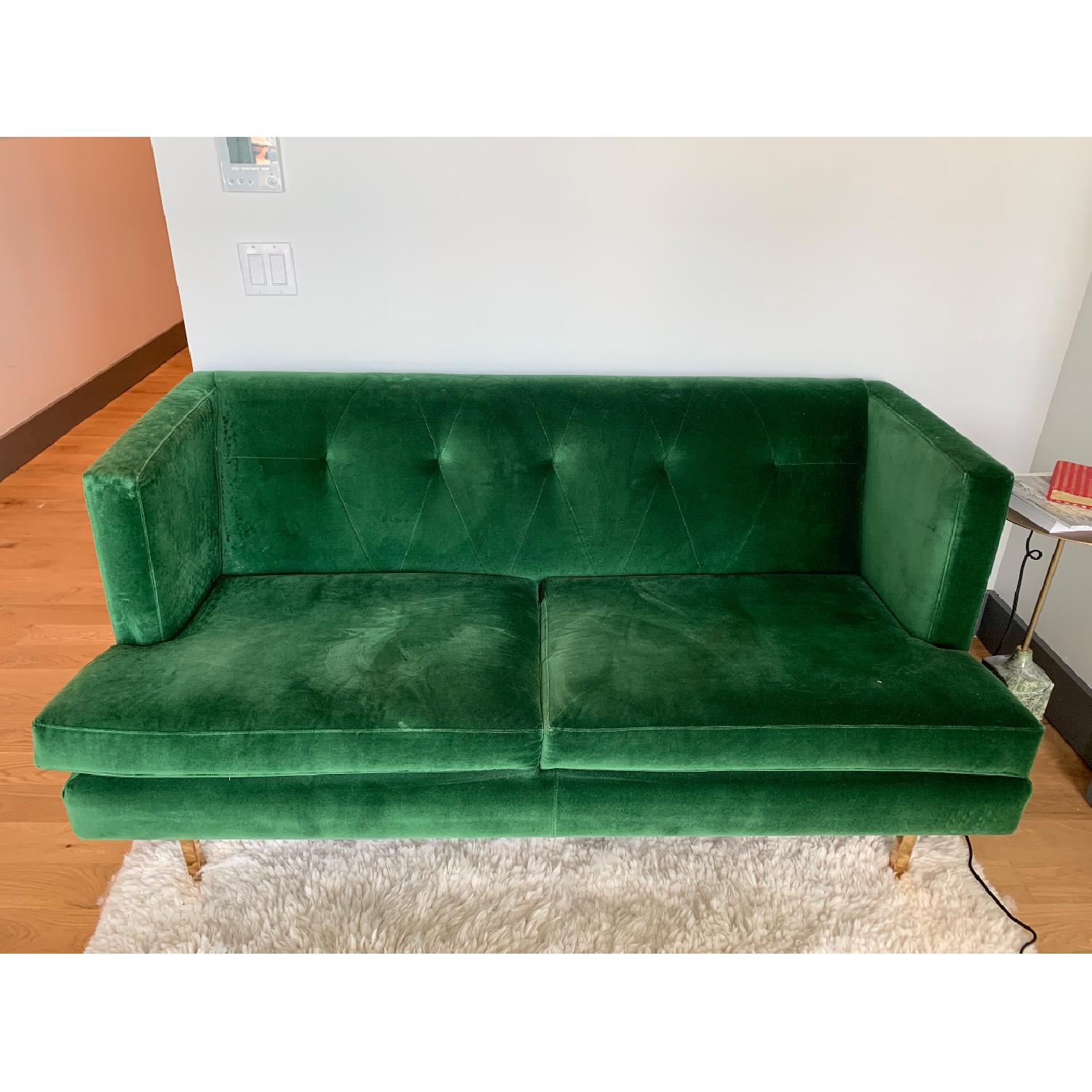 CB2 Avec Emerald Green Apartment Sofa w/ Brass Legs - image-2