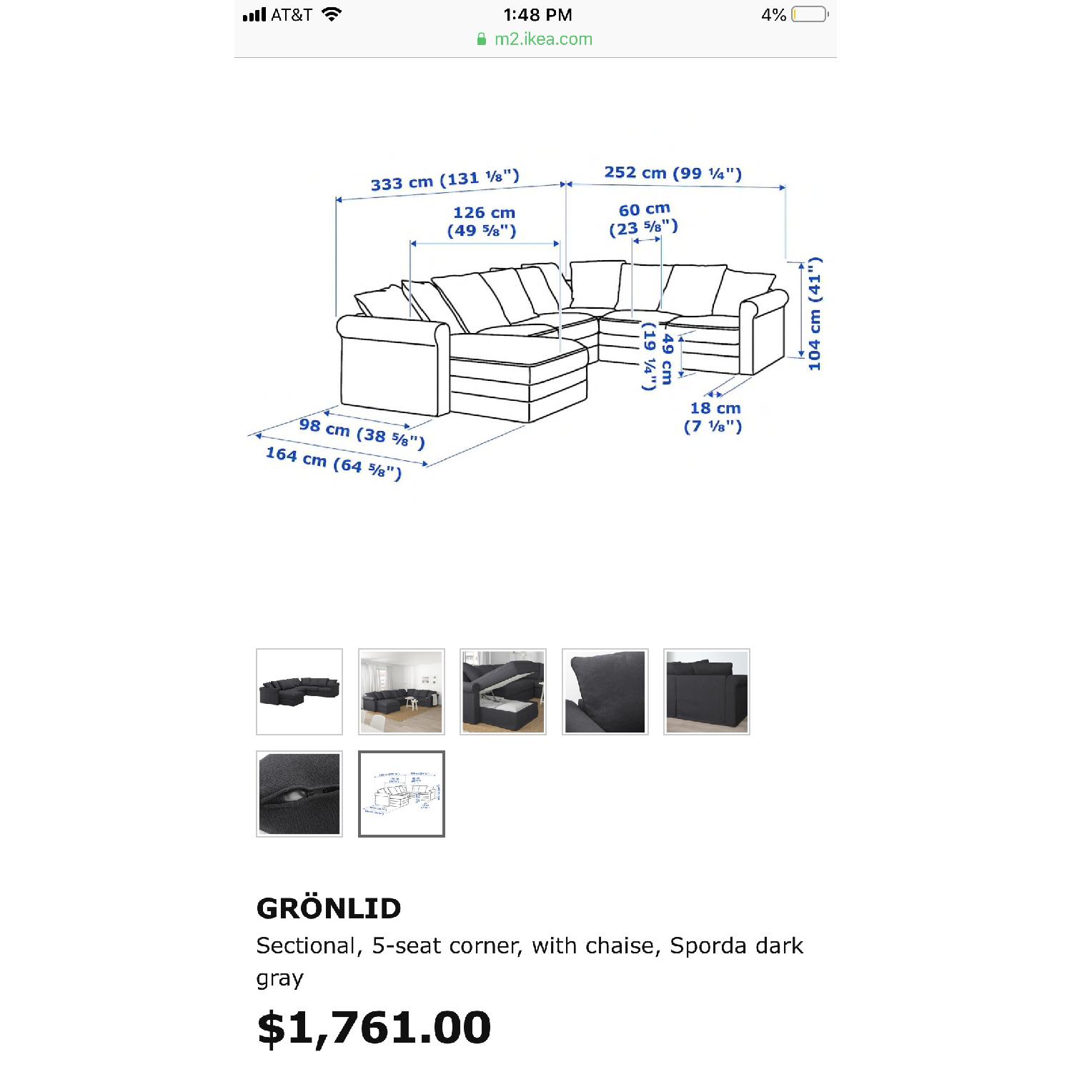 Ikea Gronlid 5Seat Corner Sectional Sofa w/ Chaise AptDeco