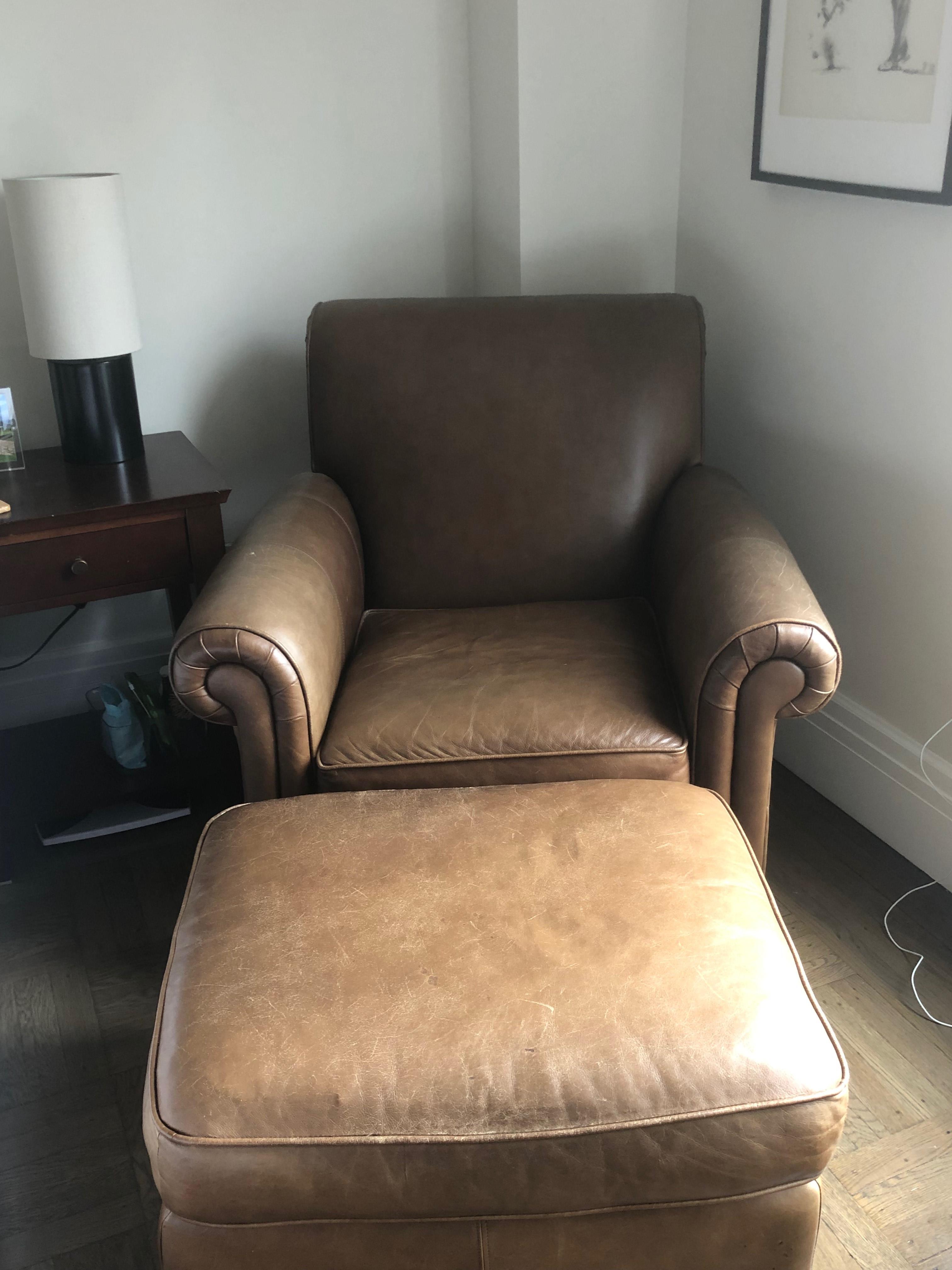 Pottery Barn Manhattan Leather Chair & Ottoman in Caramel