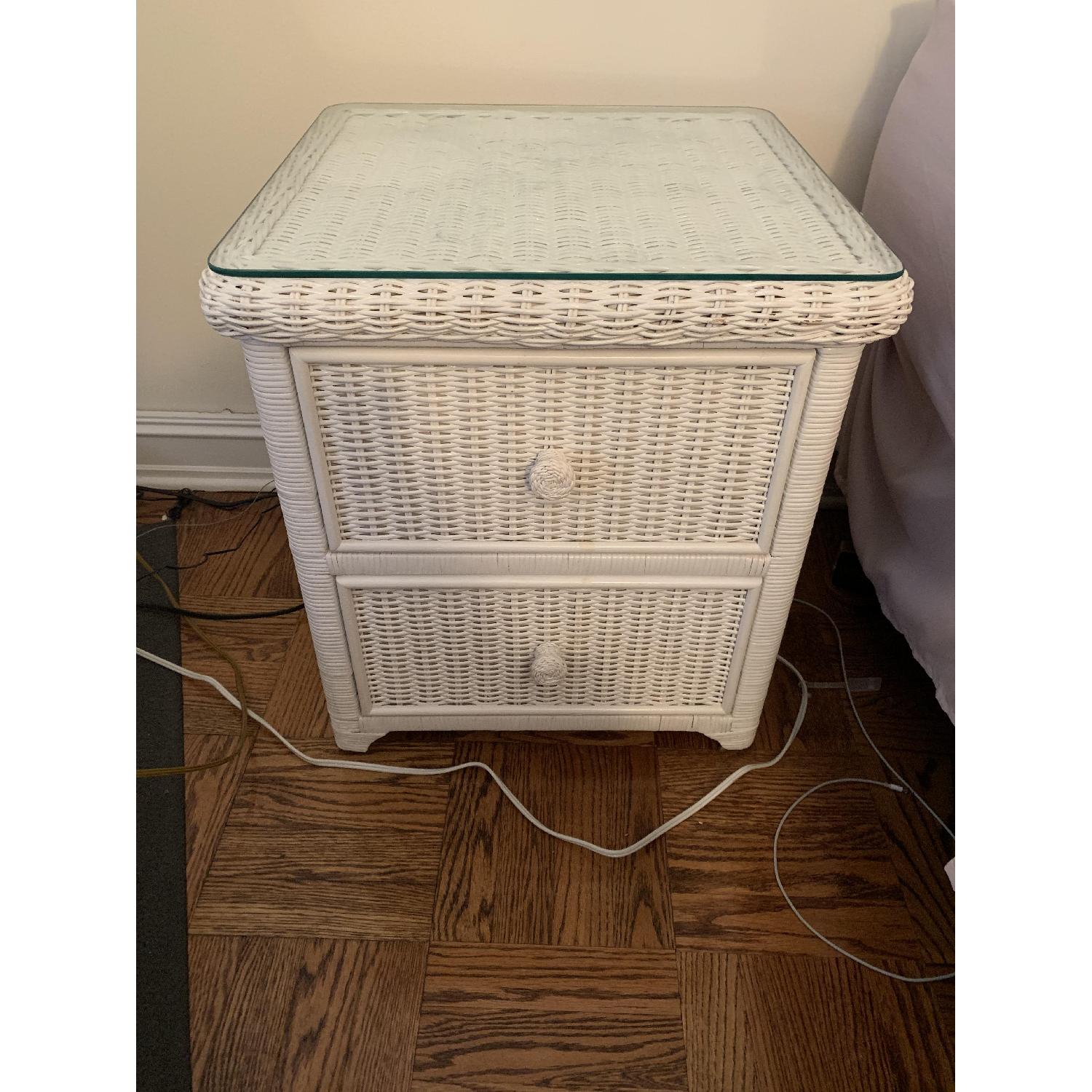White Wicker Glass Top Nightstand AptDeco