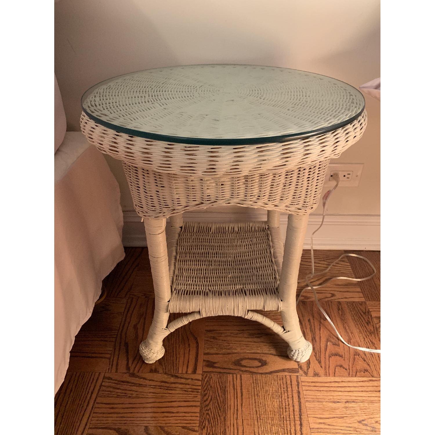 White Wicker Glass Top Table AptDeco