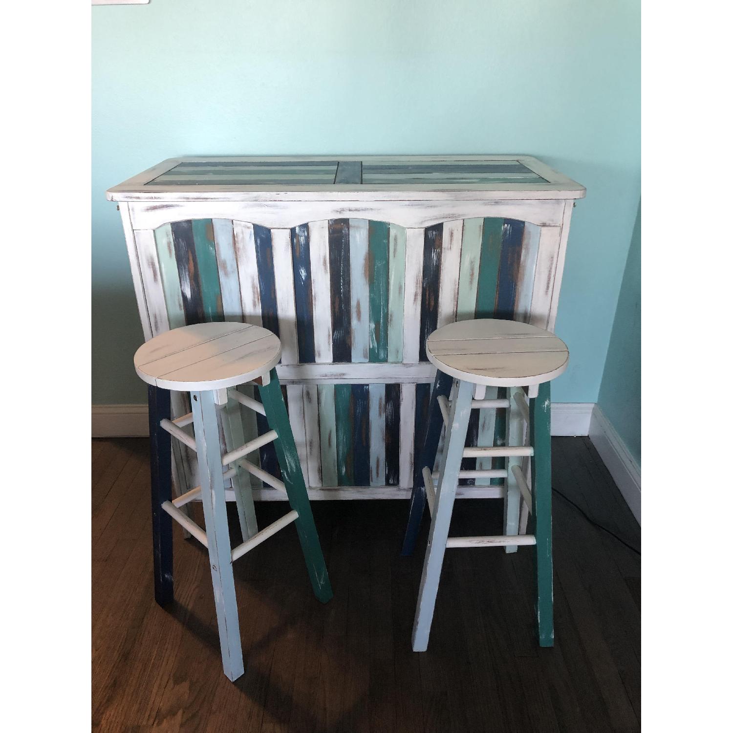 Shabby Chic Rustic Wood Bar w/ 2 Stools - image-1