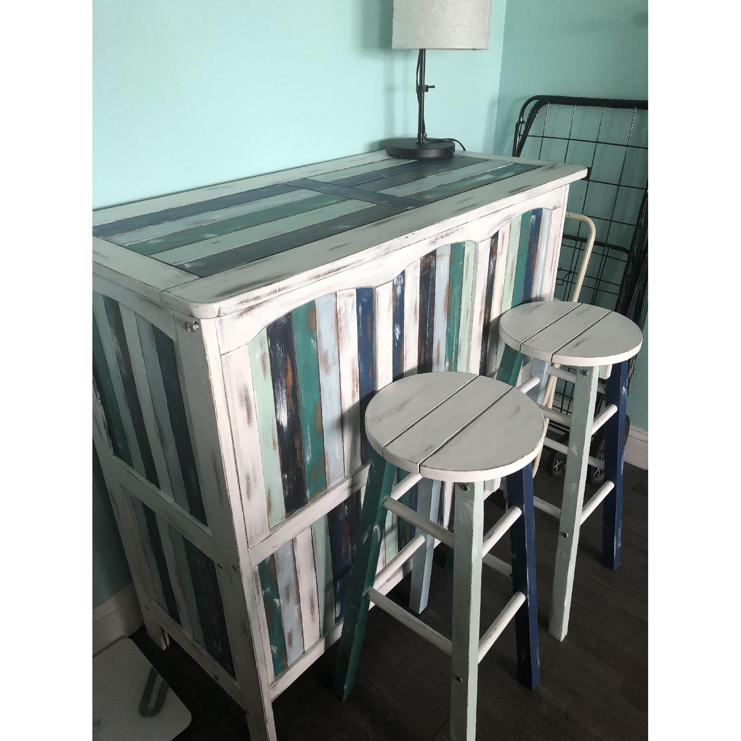 Shabby Chic Rustic Wood Bar w/ 2 Stools - image-3