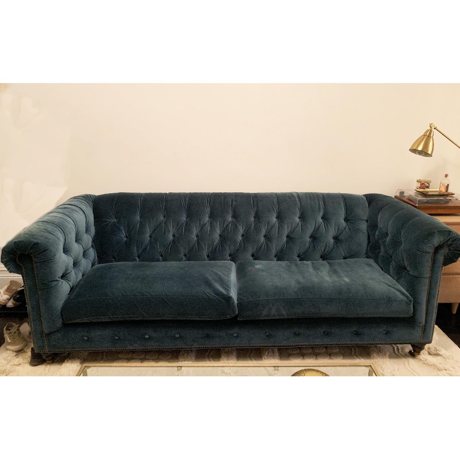 Anthropologie Teal Velvet Sofa Aptdeco