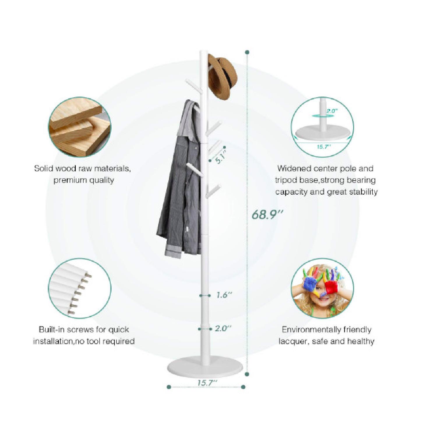 Vlush Freestanding White Wood Coat Rack w/ 8 Hooks - image-4