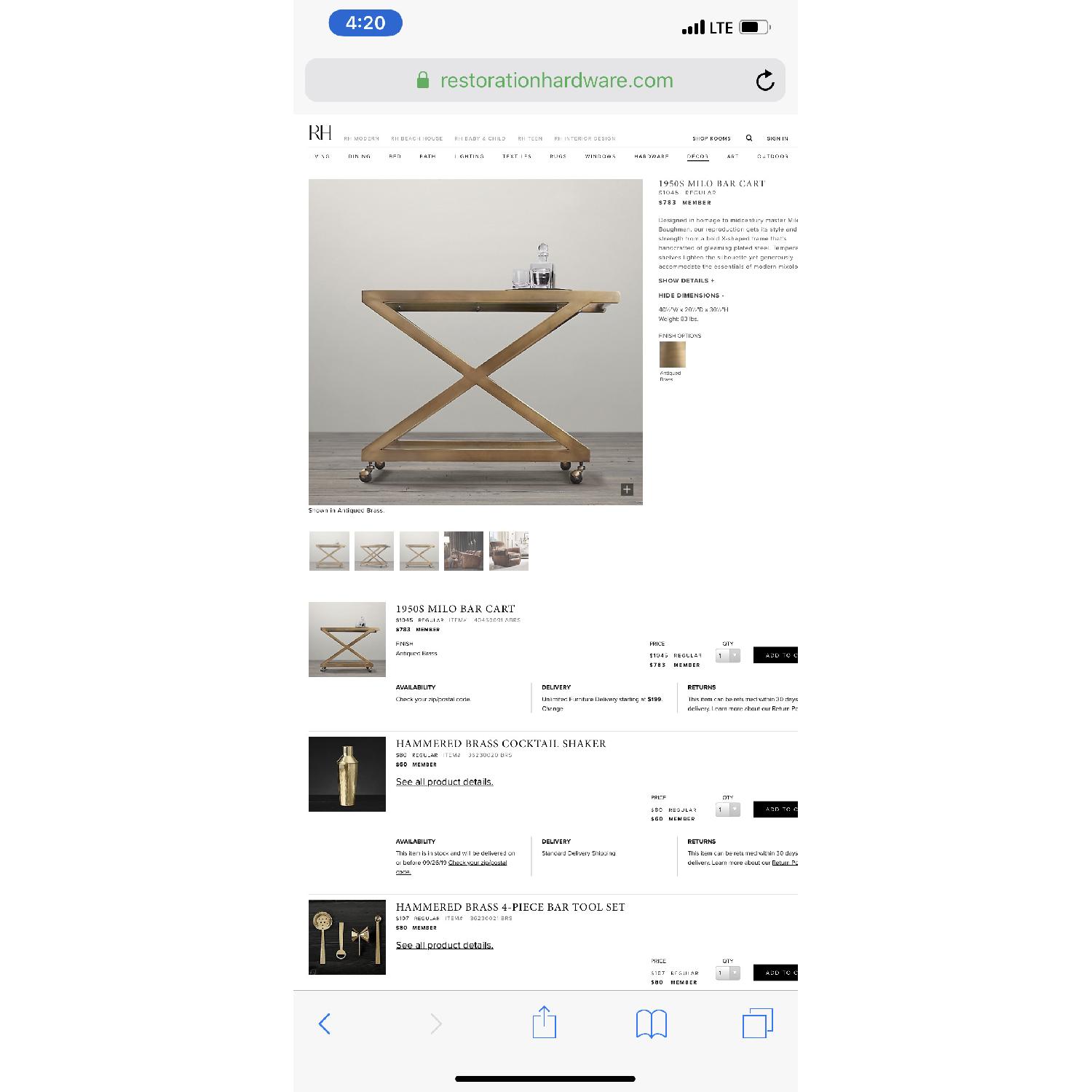 Restoration Hardware 1950s Milo Bar Cart - image-1