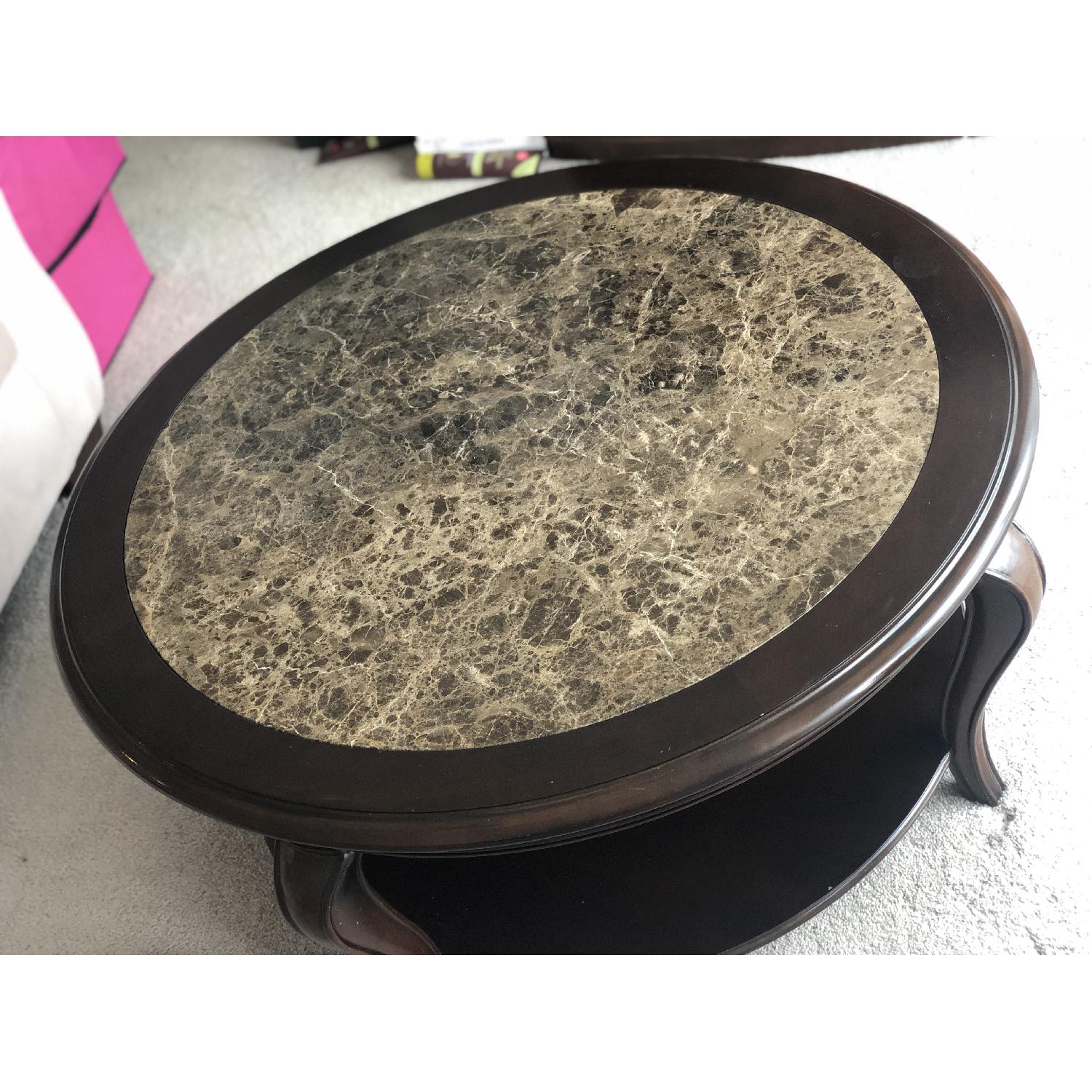Raymour & Flanigan Round Marble Top Cherry Wood Coffee Table - image-2
