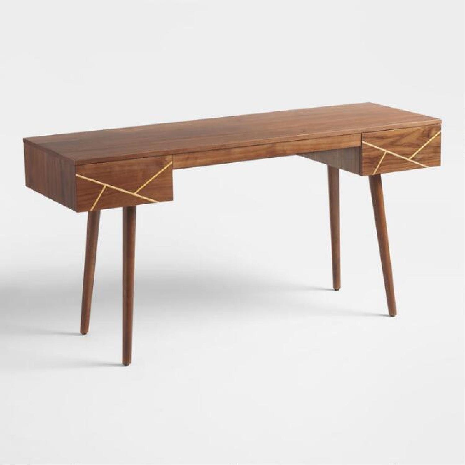World Market Walnut Wood & Brass Metal Inlay Dustin Desk - image-1