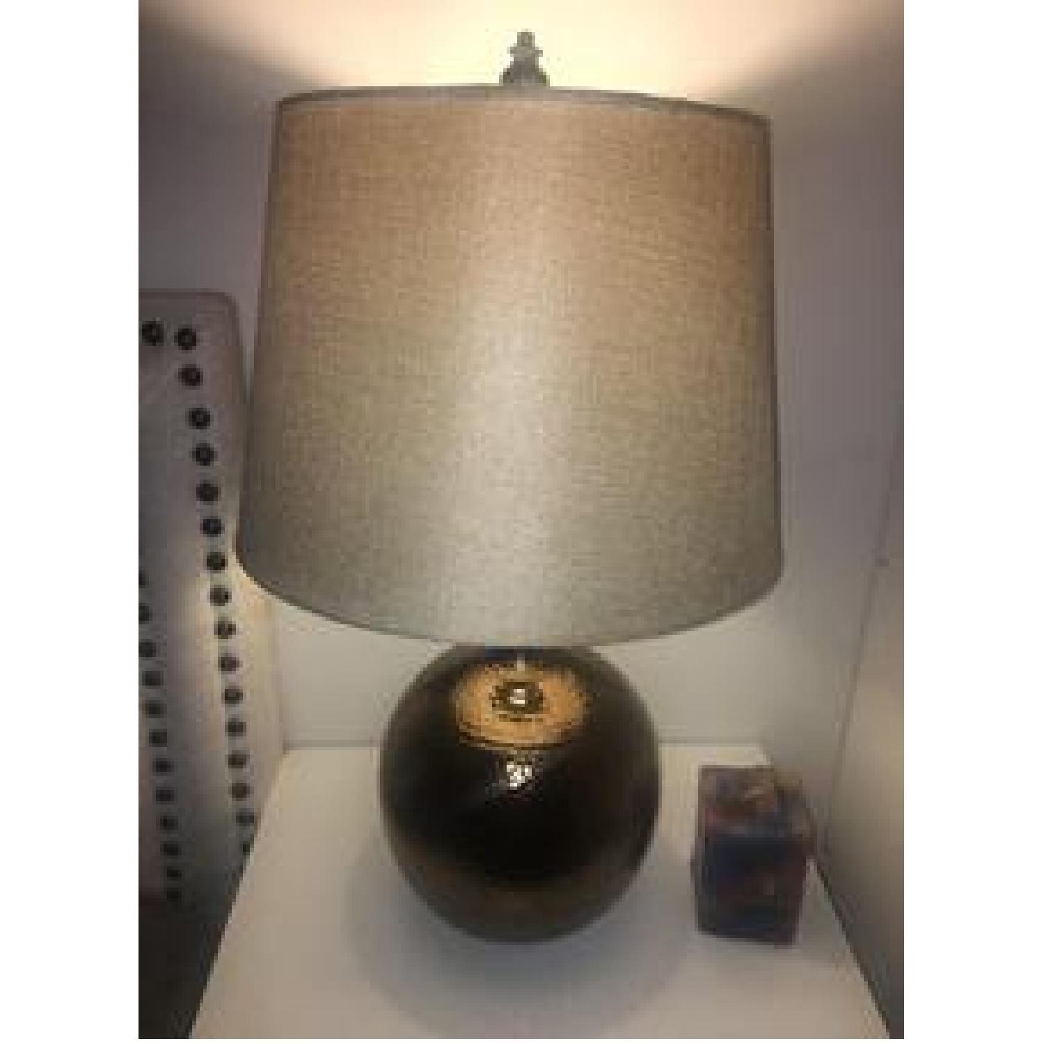 Copper Table Lamps w/ Beige Shades - image-1