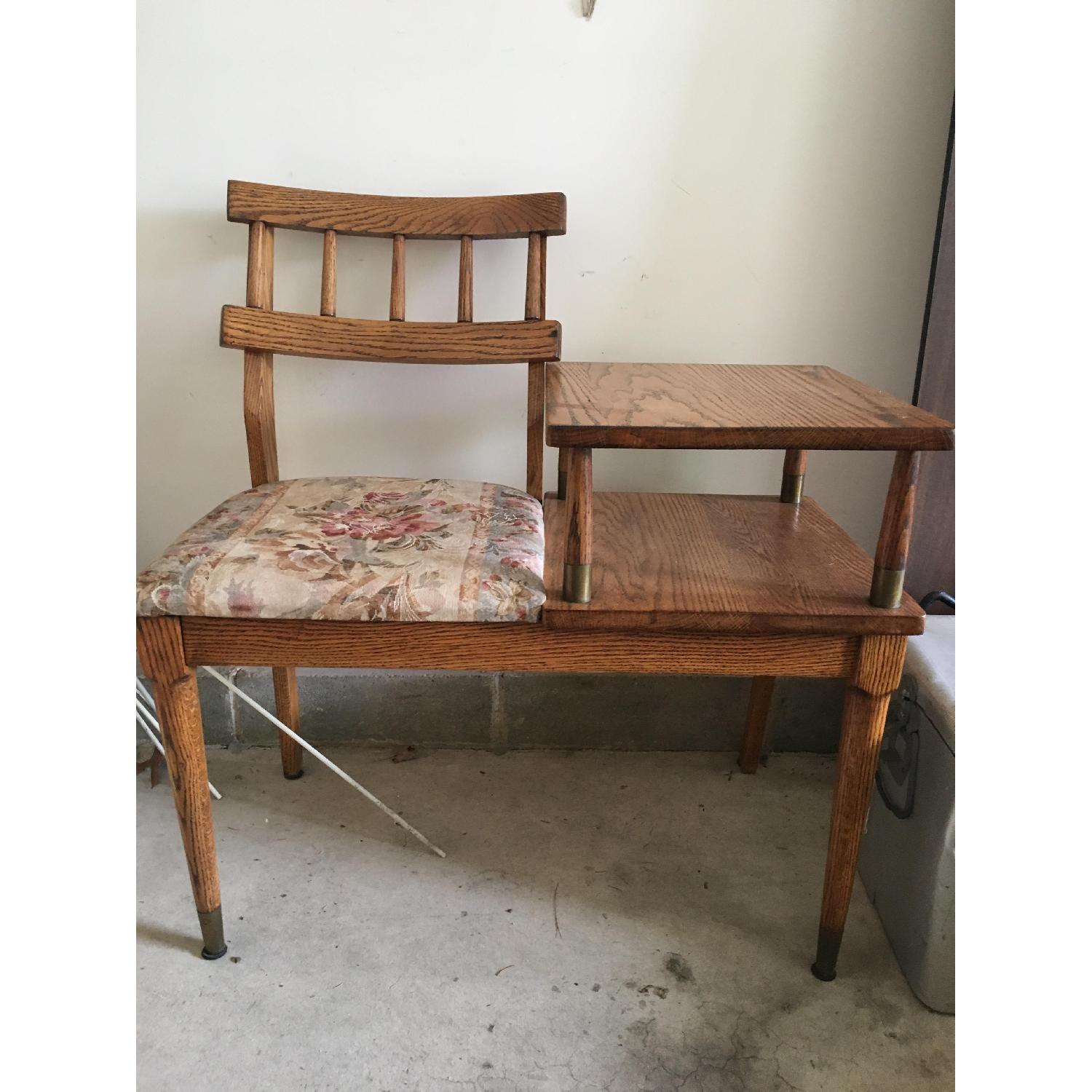 Mid Century Vintage Oak Telephone Table w/ Upholstered Chair AptDeco