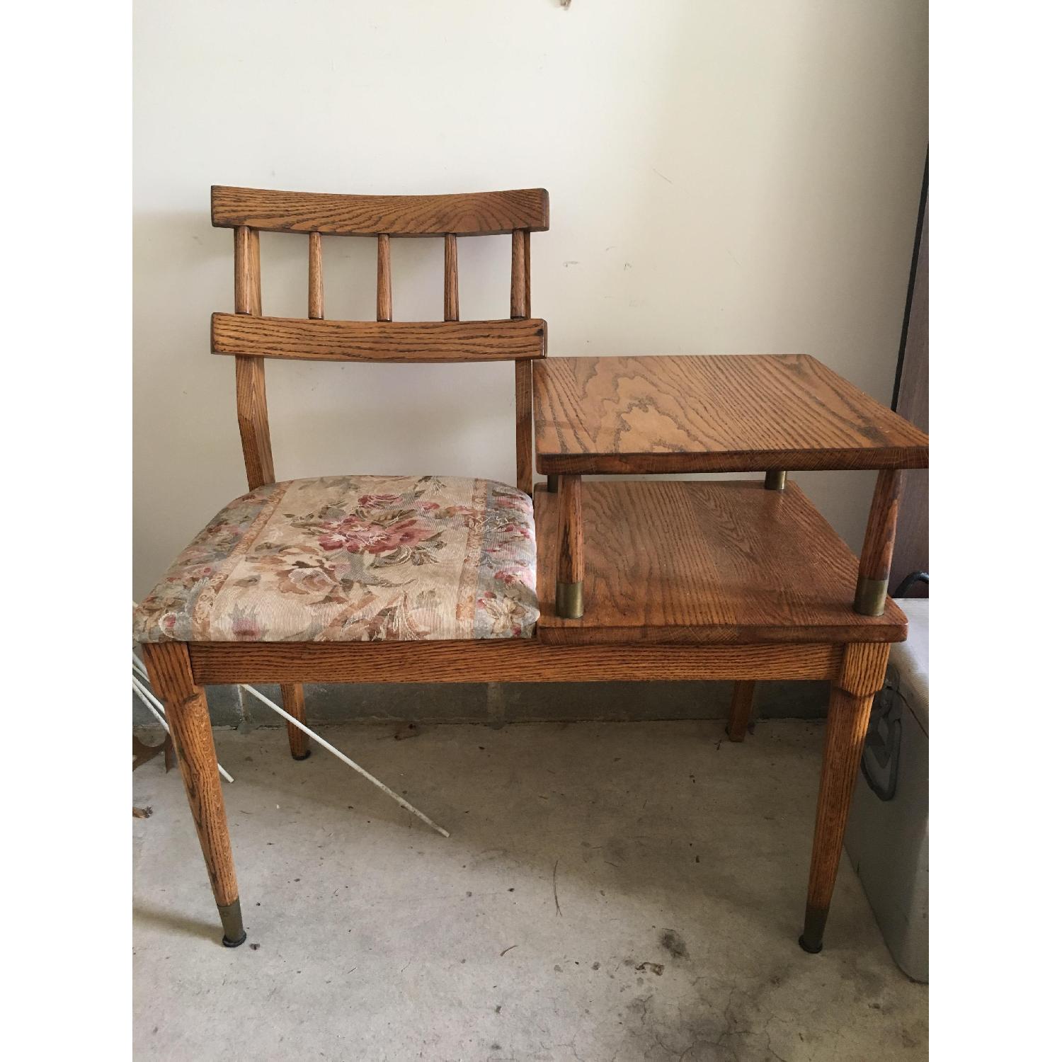 Mid Century Vintage Oak Telephone Table W Upholstered Chair Aptdeco