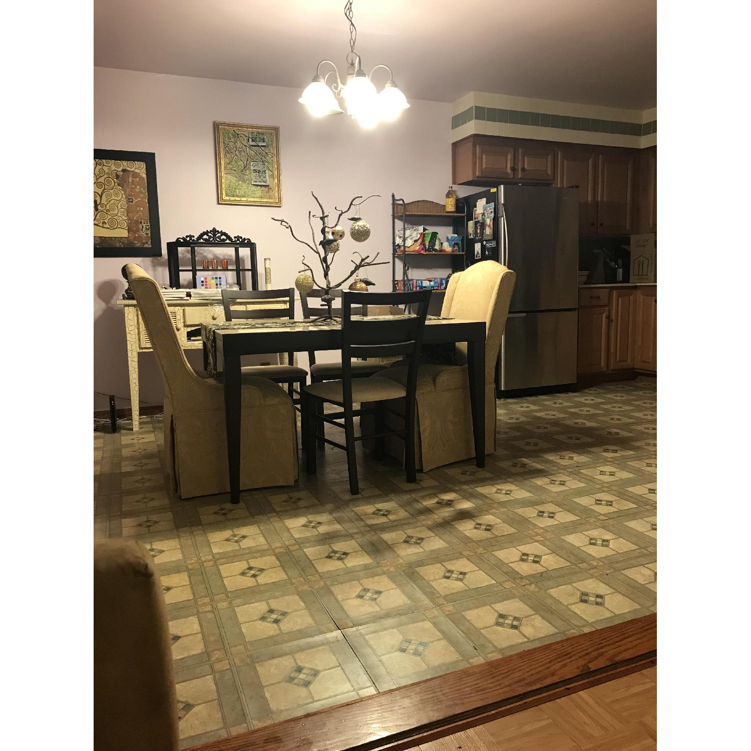 Macys Glass Top Wooden Dining Table w/ 6 Upholstered Chairs - image-1