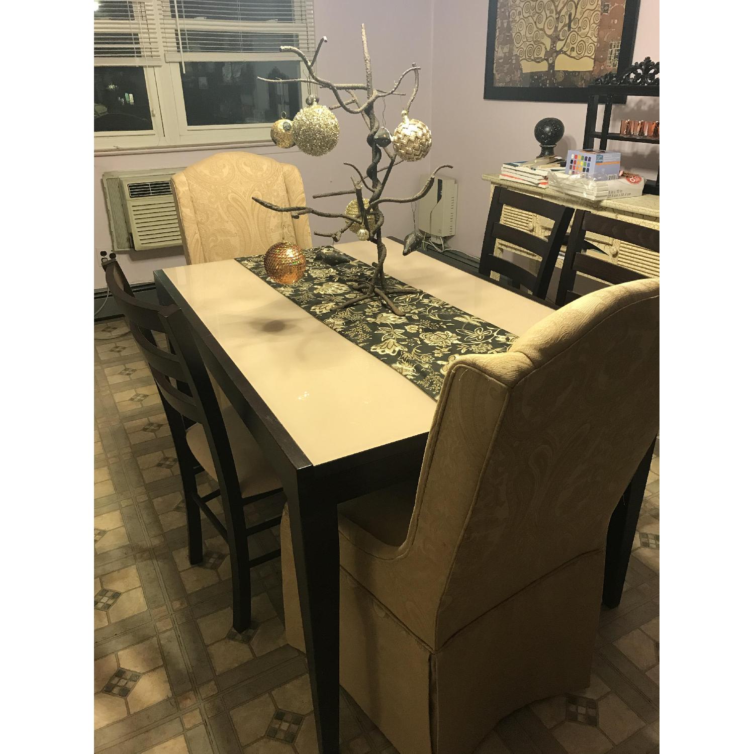 Macys Glass Top Wooden Dining Table w/ 6 Upholstered Chairs - image-2