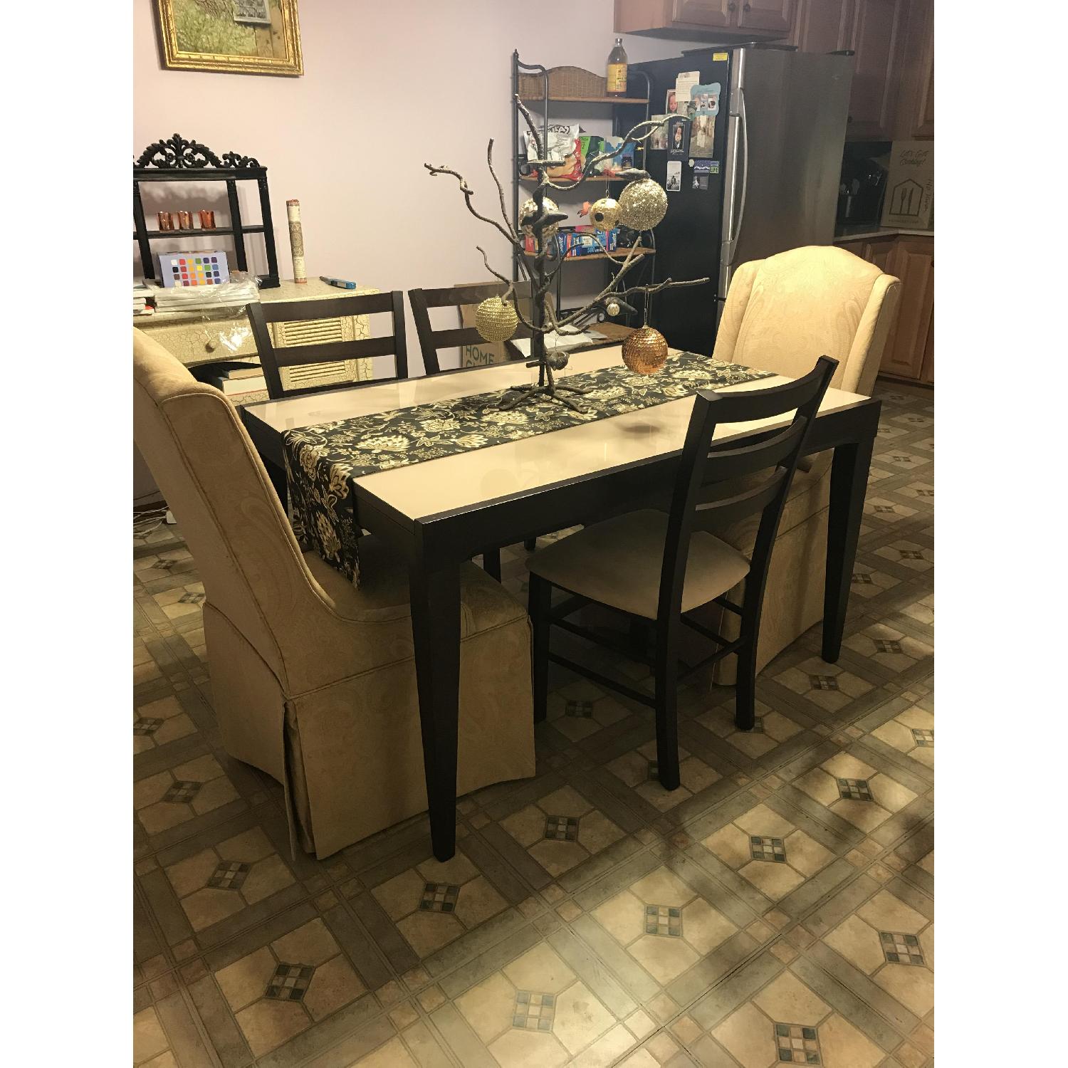 Macys Glass Top Wooden Dining Table w/ 6 Upholstered Chairs - image-3