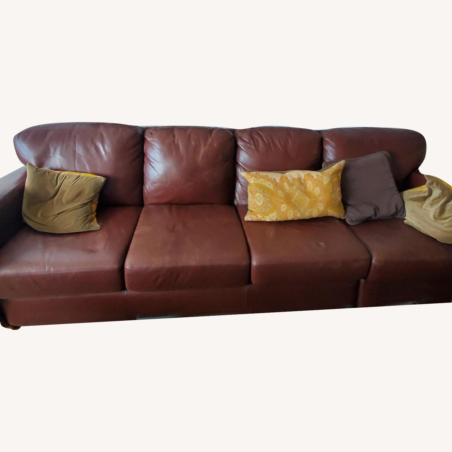 Custom made leather couch with pillows - image-0