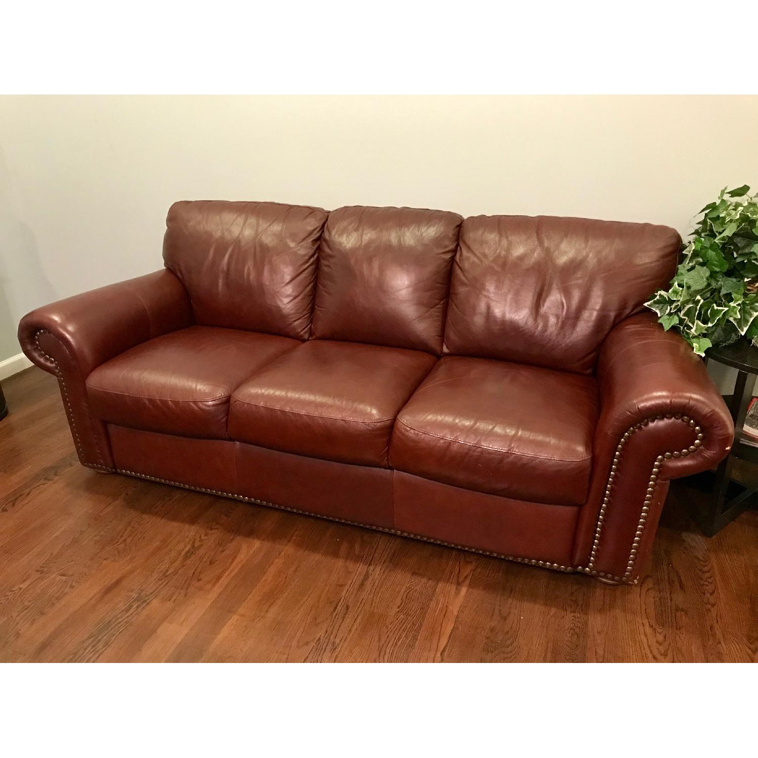 Burgundy Leather Studded 3 Seater Sofa - image-1