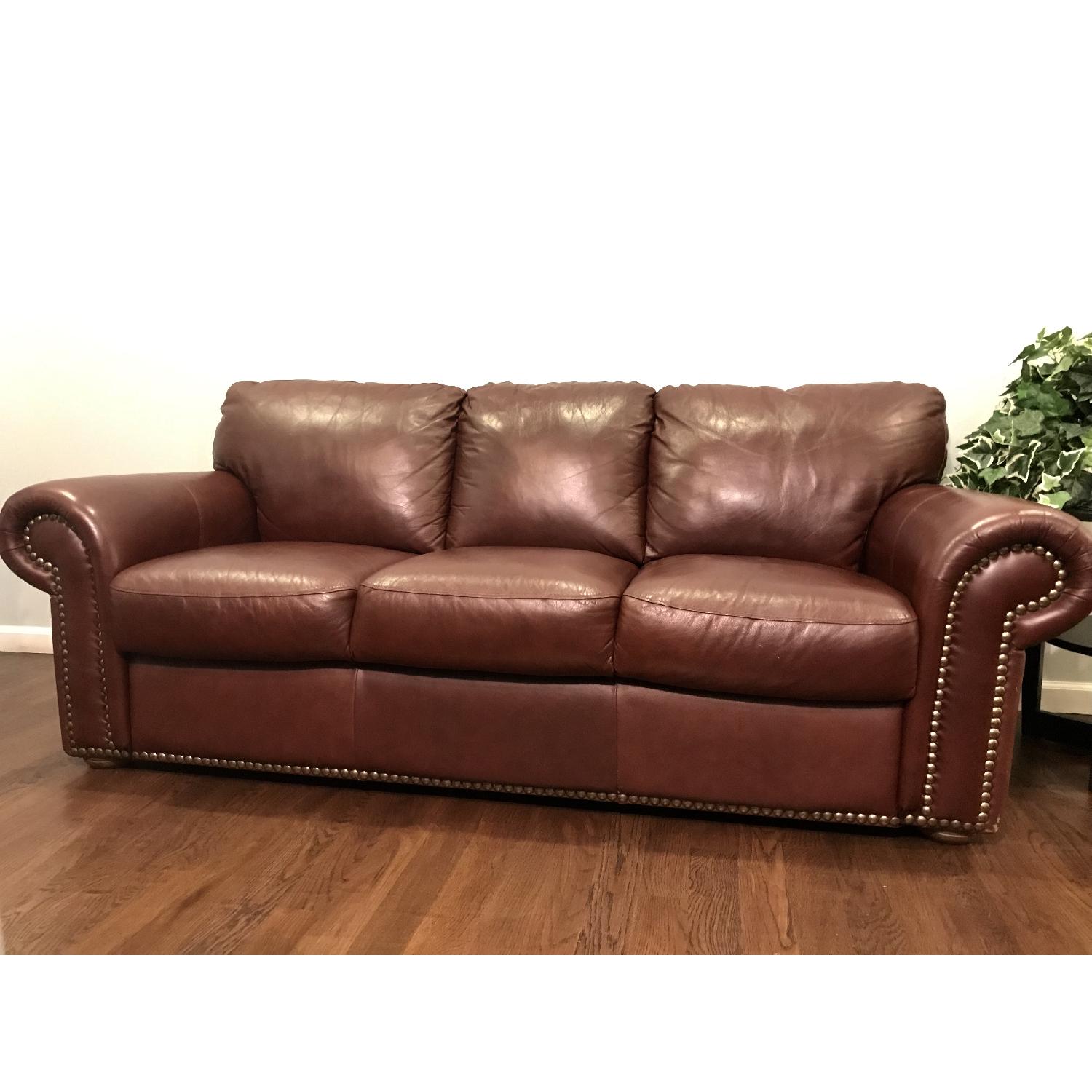 Burgundy Leather Studded 3 Seater Sofa - image-2