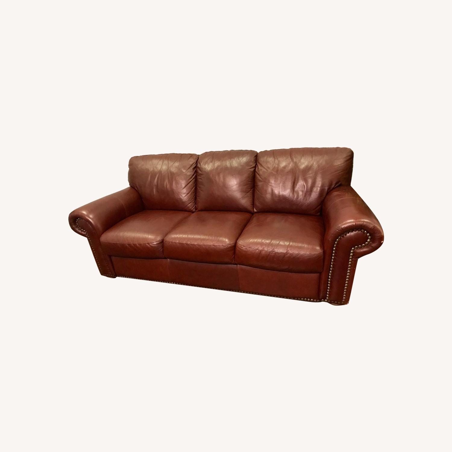 Burgundy Leather Studded 3 Seater Sofa - image-0