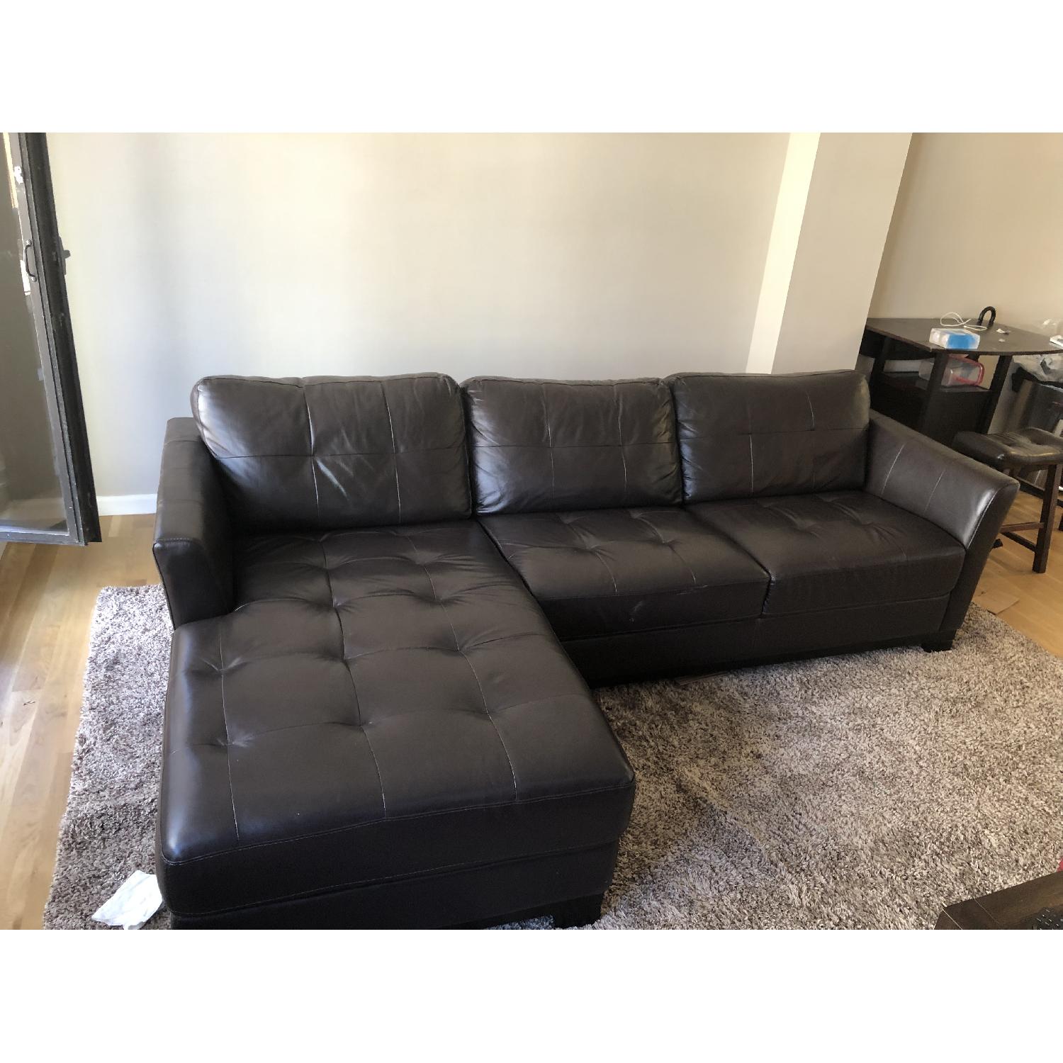 Macy's Brown Tufted Leather L Shaped Sectional Sofa AptDeco