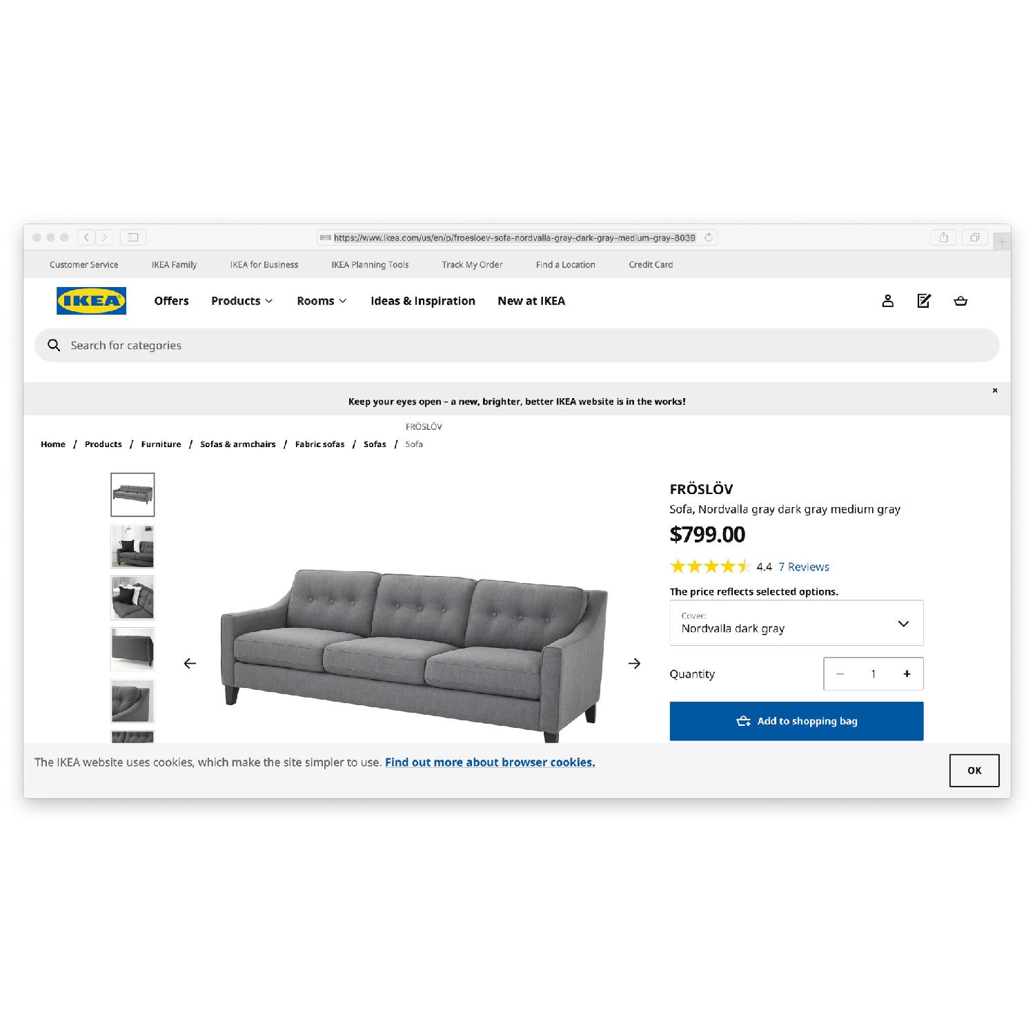 Ikea Froslov Grey Fabric 3 Seater Sofa AptDeco
