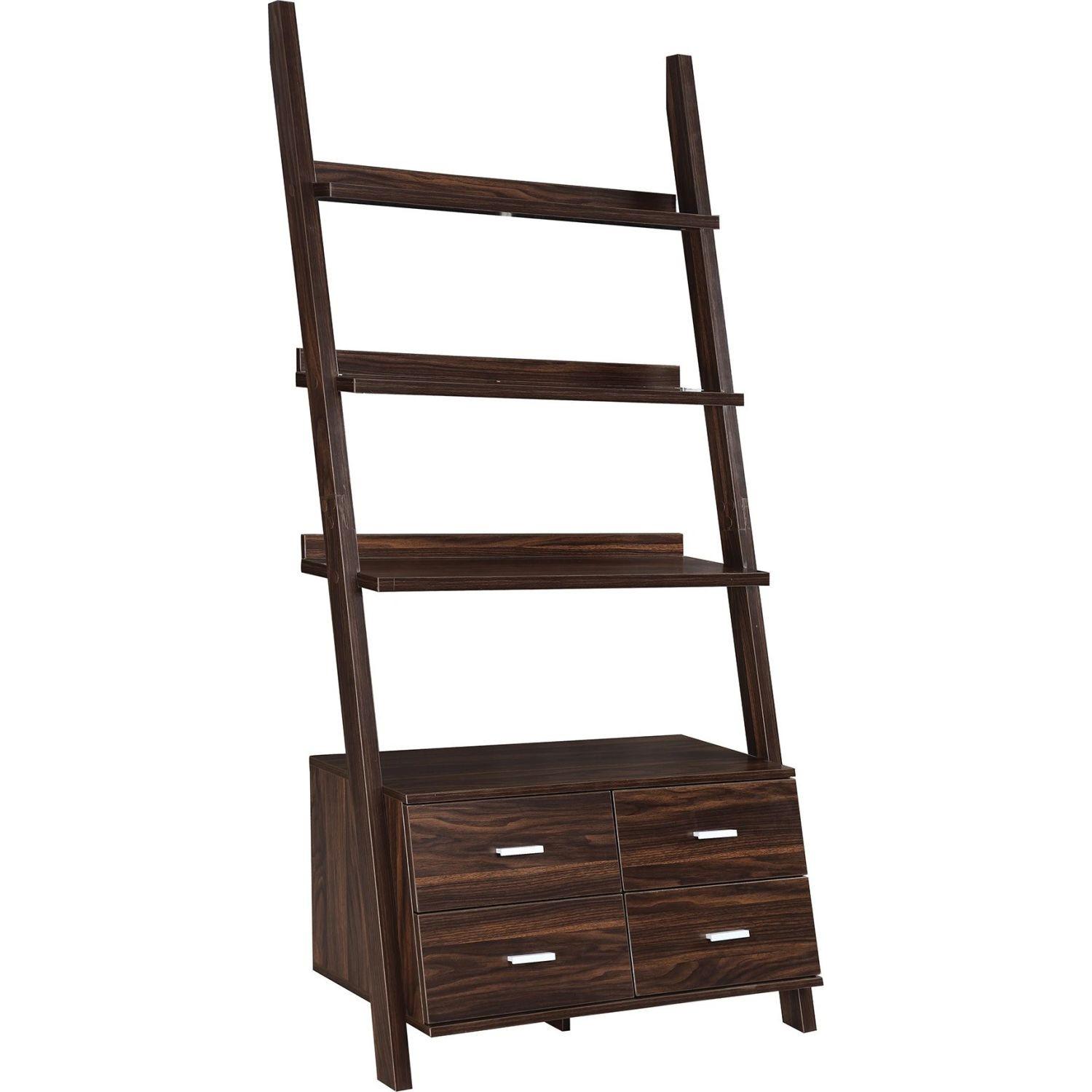 Ladder Bookcase In Dark Walnut W 4 Storage Drawers Aptdeco