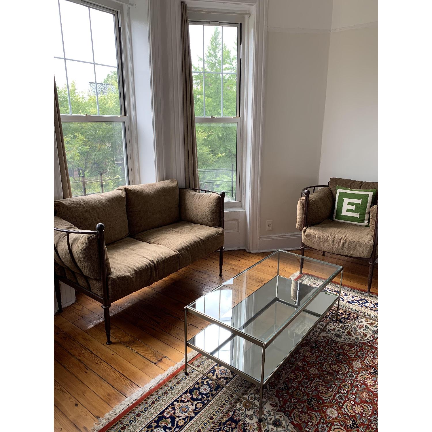 Pottery Barn Brass Coffee Table w/ Glass Top & Mirror Shelf - image-1