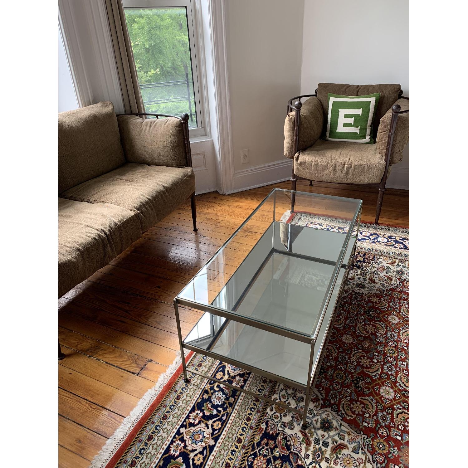 Pottery Barn Brass Coffee Table w/ Glass Top & Mirror Shelf - image-2