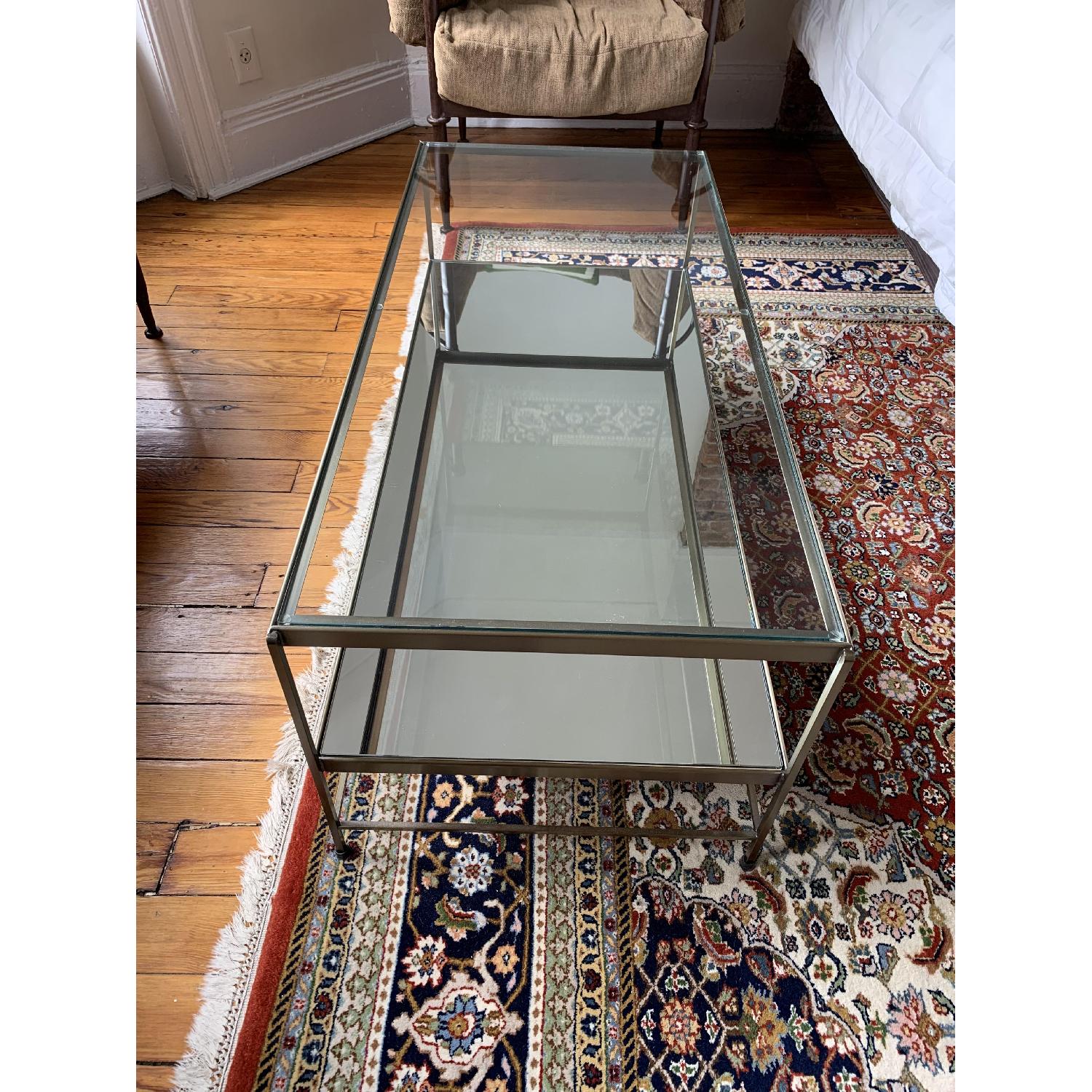 Pottery Barn Brass Coffee Table w/ Glass Top & Mirror Shelf - image-3