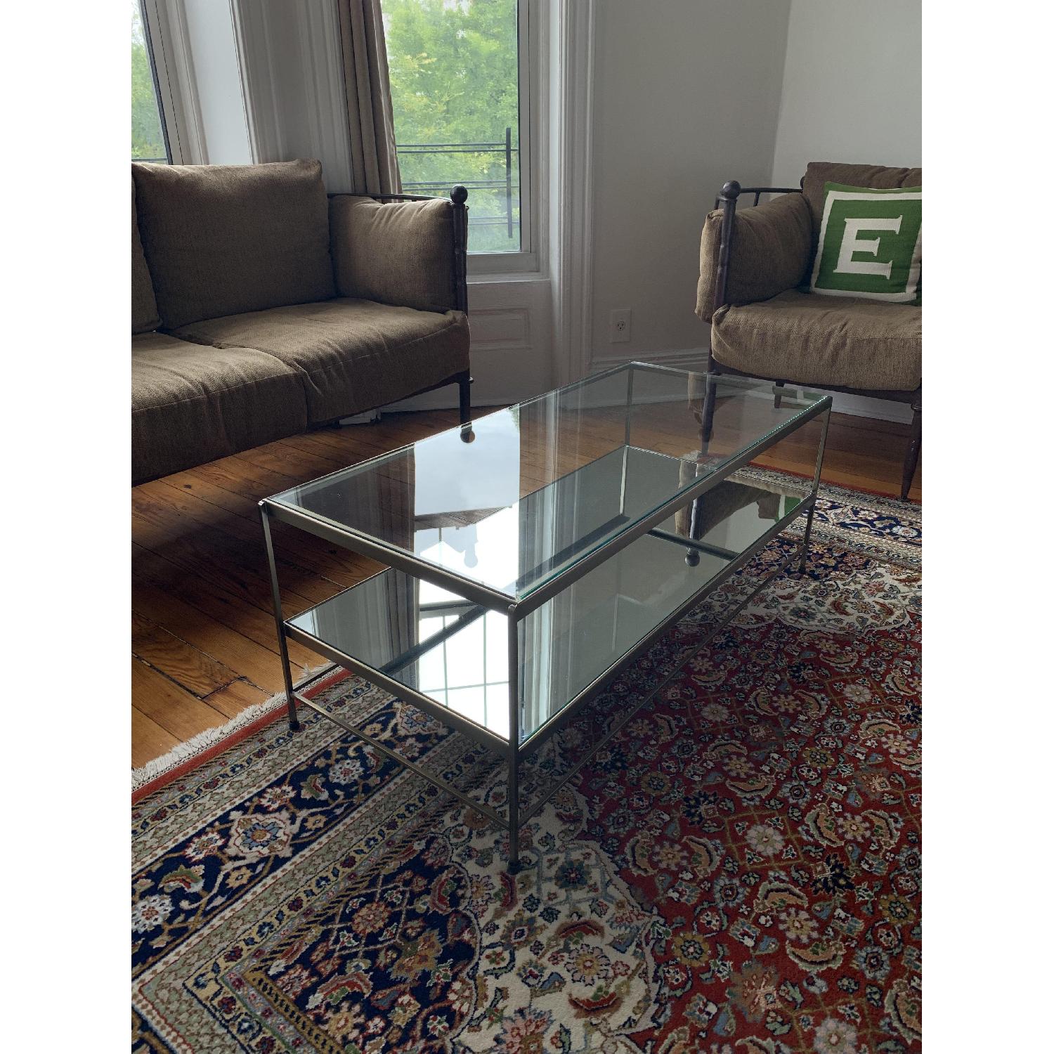 Pottery Barn Brass Coffee Table w/ Glass Top & Mirror Shelf - image-4