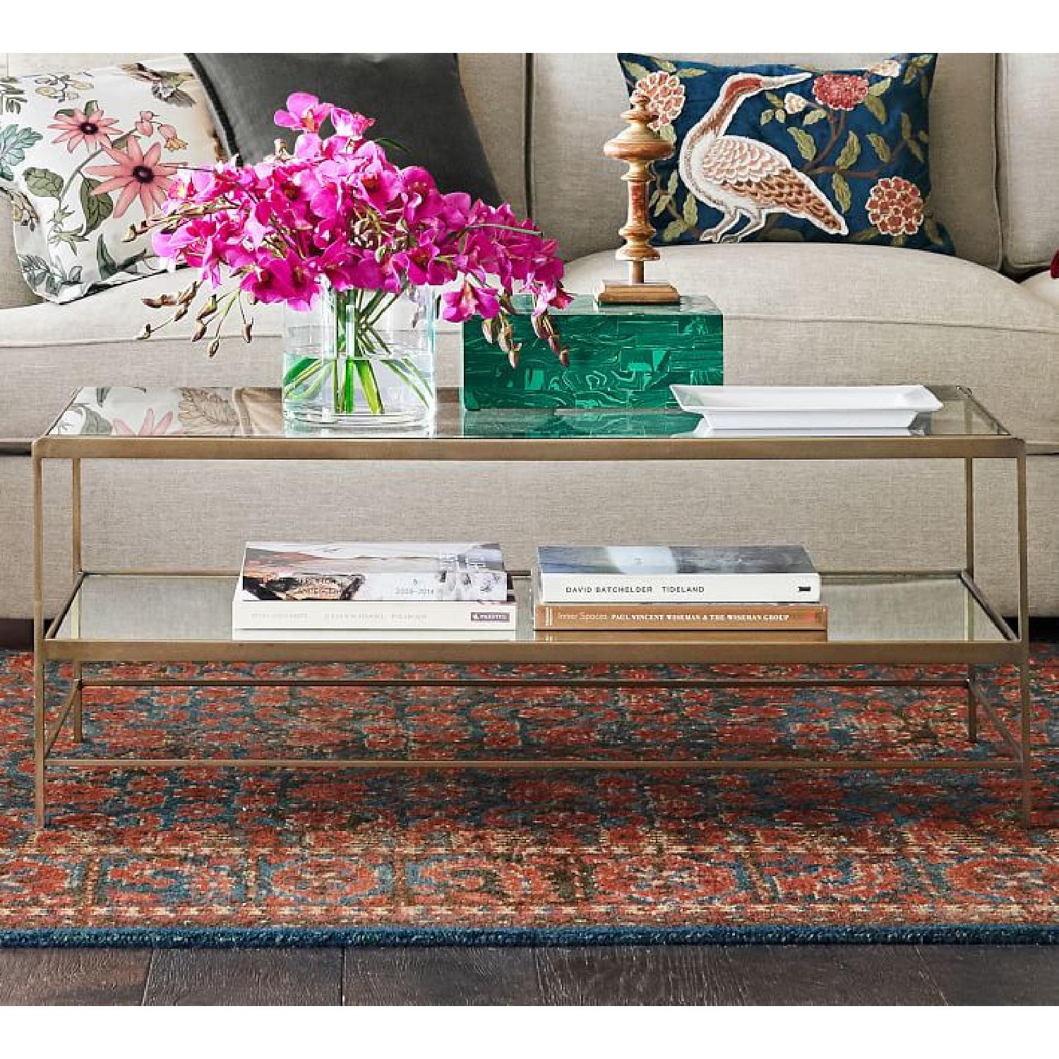 Pottery Barn Brass Coffee Table w/ Glass Top & Mirror Shelf - image-7