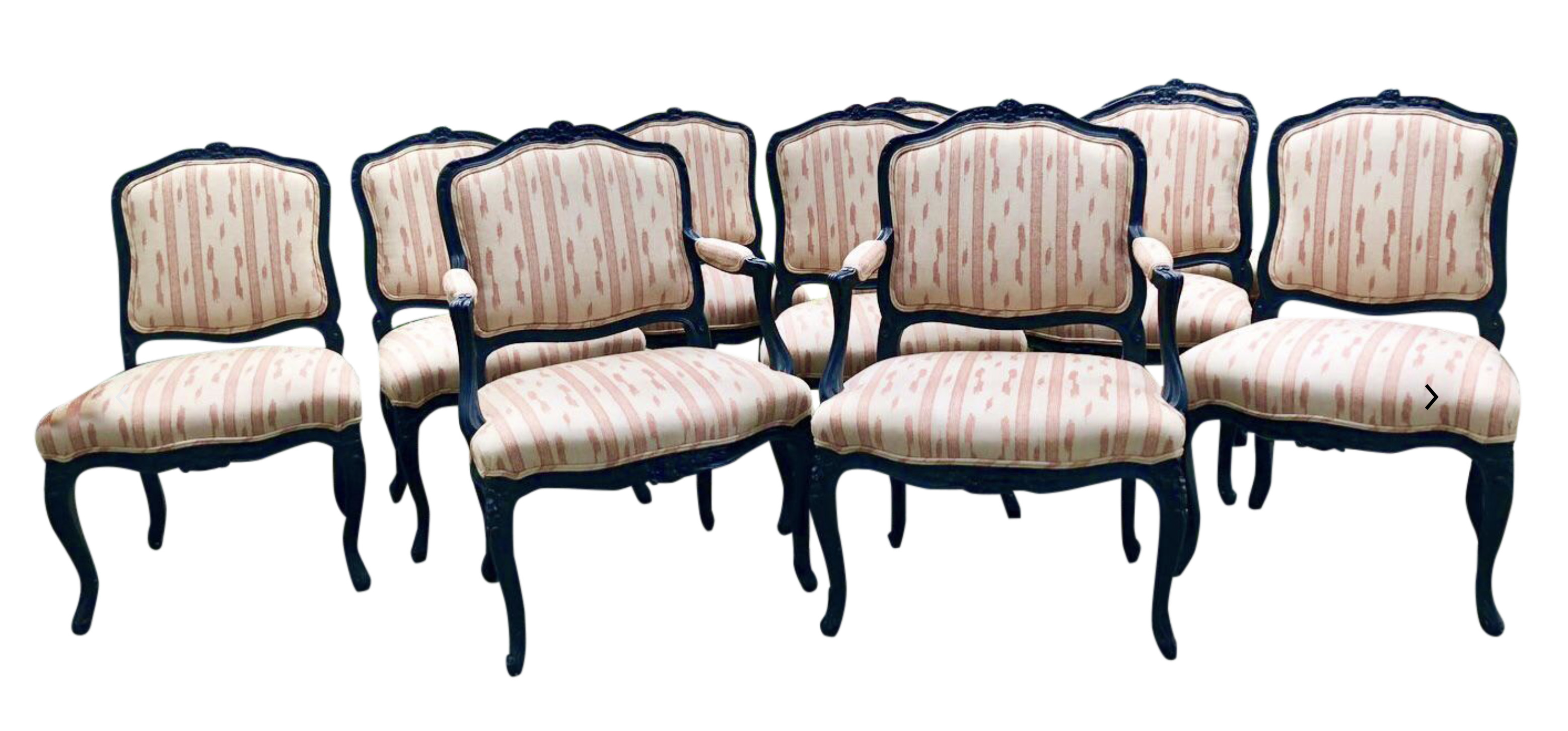 Louis XV Style Black Dining Chairs w/ Ikat Upholstery