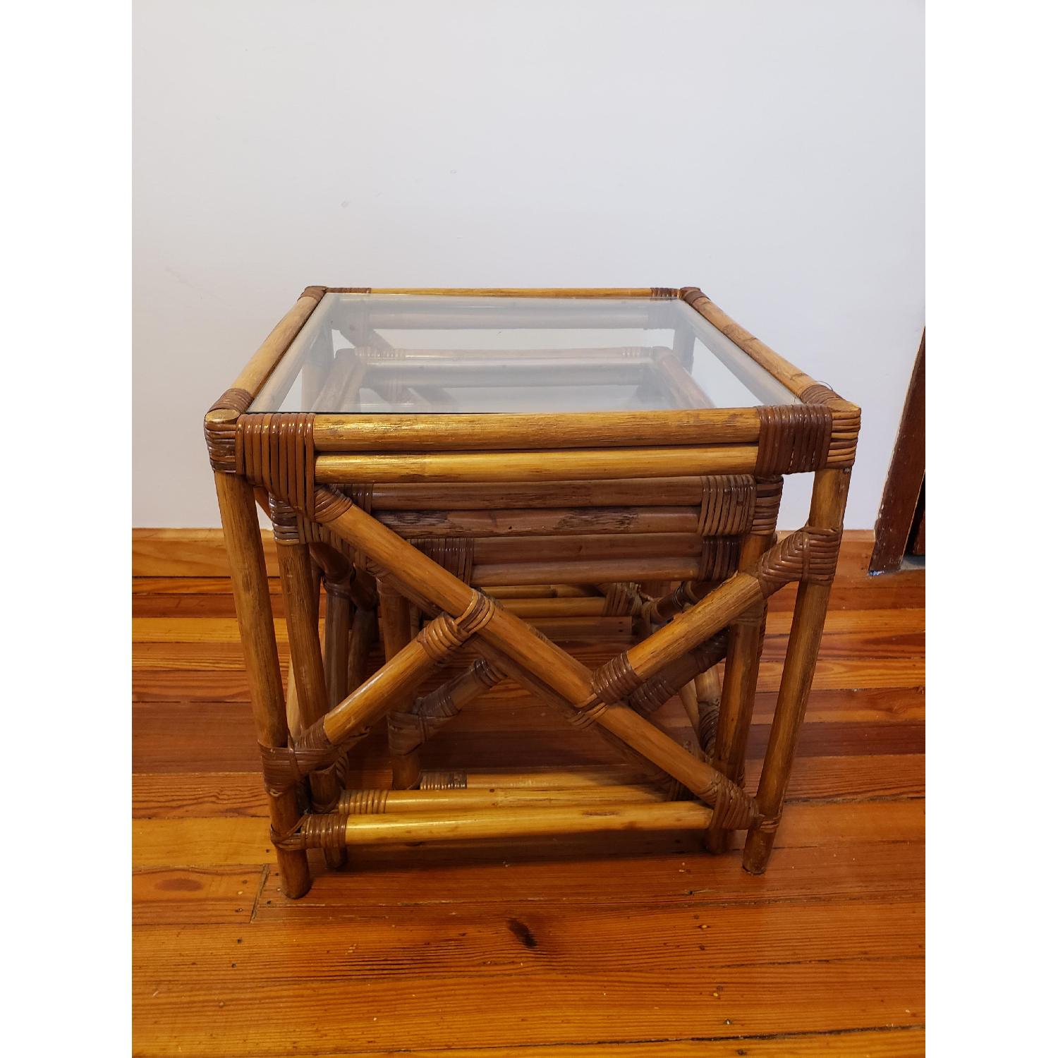 Vintage Asian Mid Century Glass & Bamboo Nesting Tables - image-6
