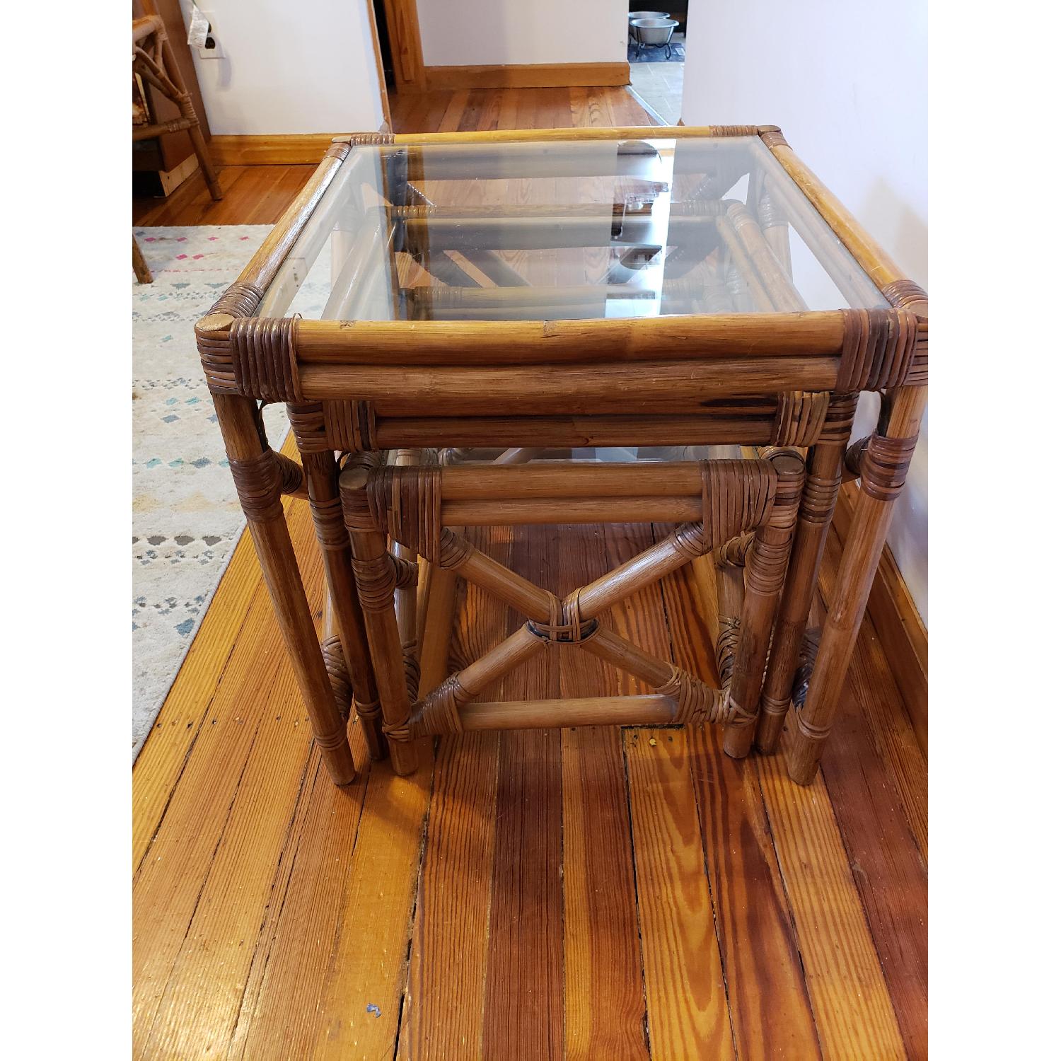 Vintage Asian Mid Century Glass & Bamboo Nesting Tables - image-4