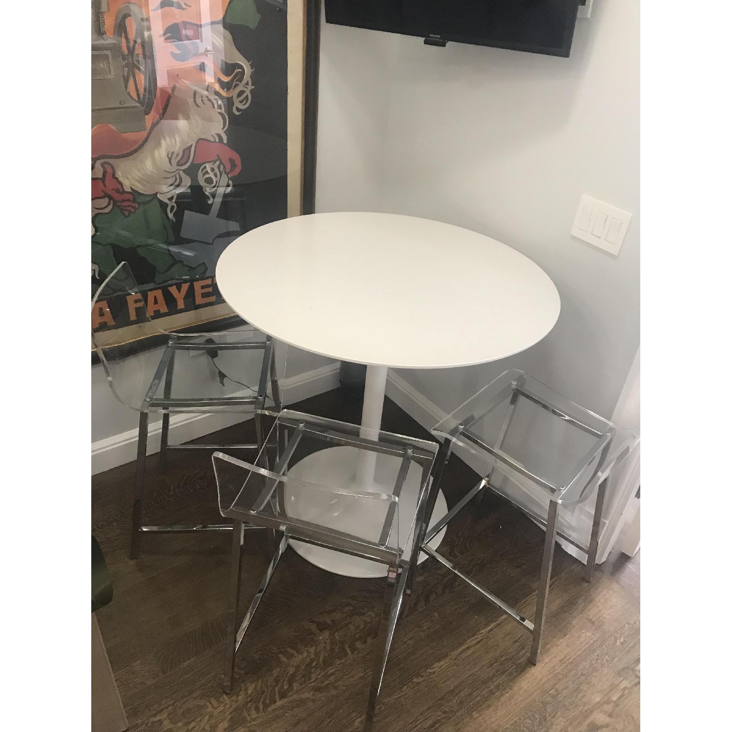 White Round Bar Table w/ 3 Clear Chairs - image-2