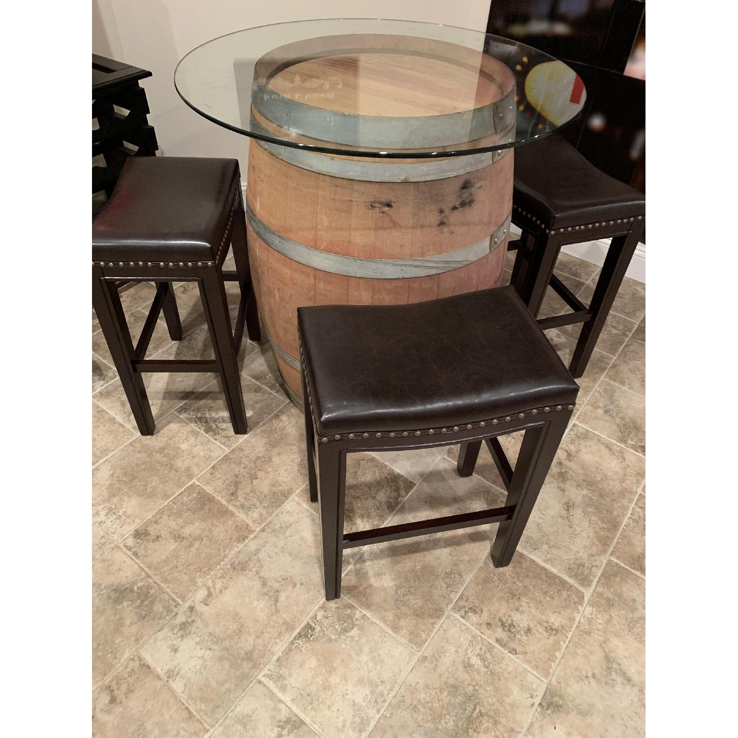 Wine Barrel Glass Top Table w/ 4 Leather Bar Stools - image-3
